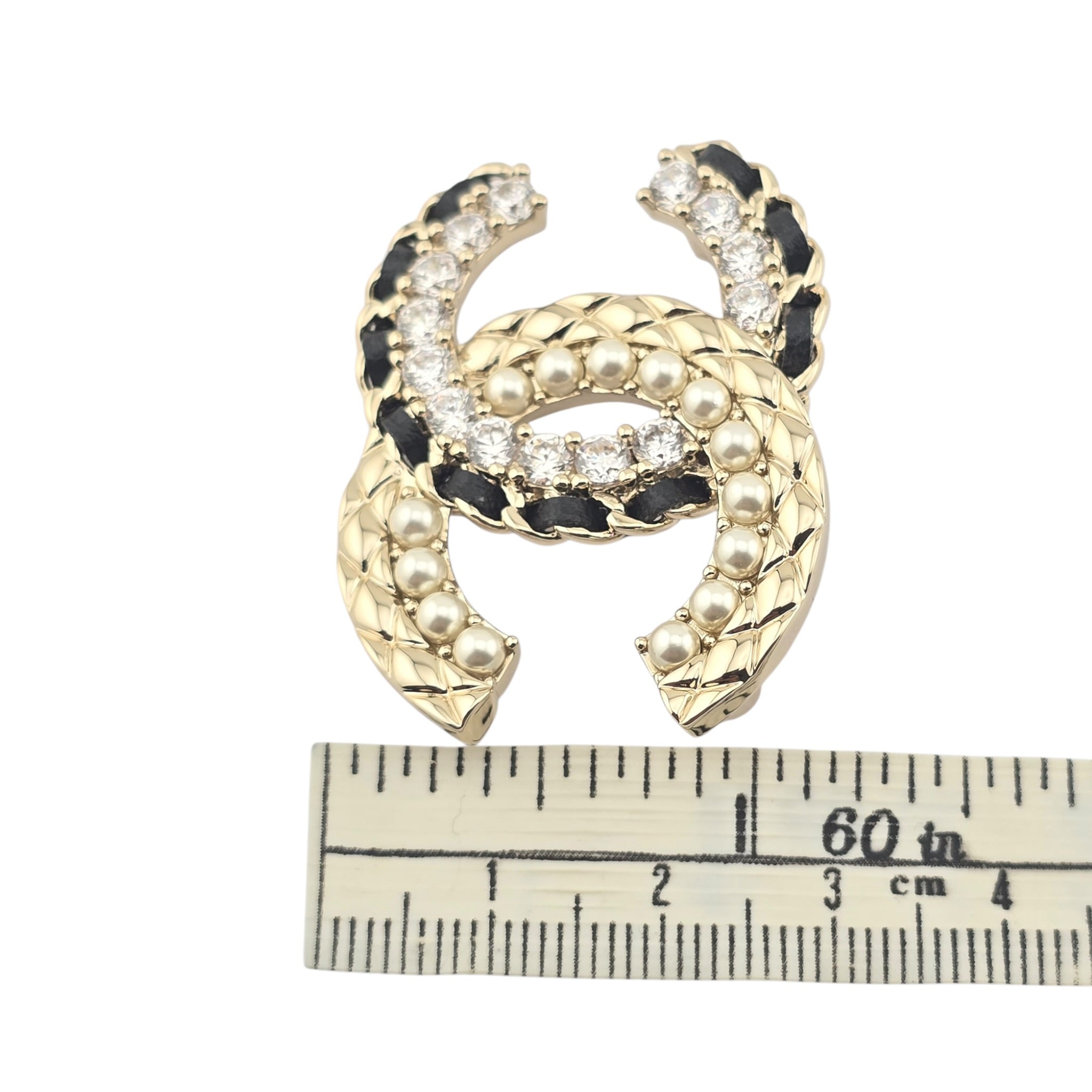 Chanel CC Lambskin Pearl Crystal Quilted Brooch Black Gold CHANEL