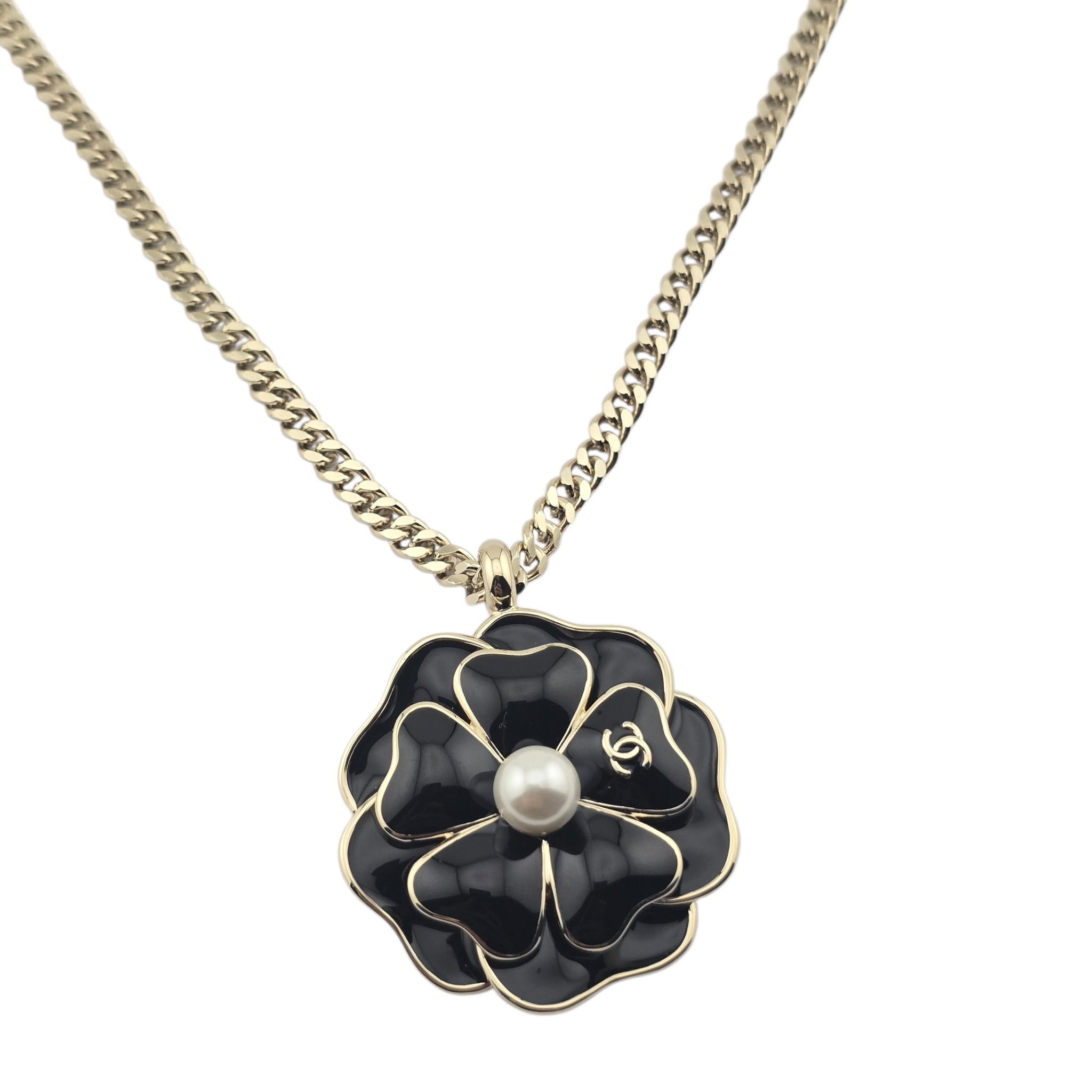 Chanel CC Black Crystal Enamel Camellia Pendant Necklace CHANEL