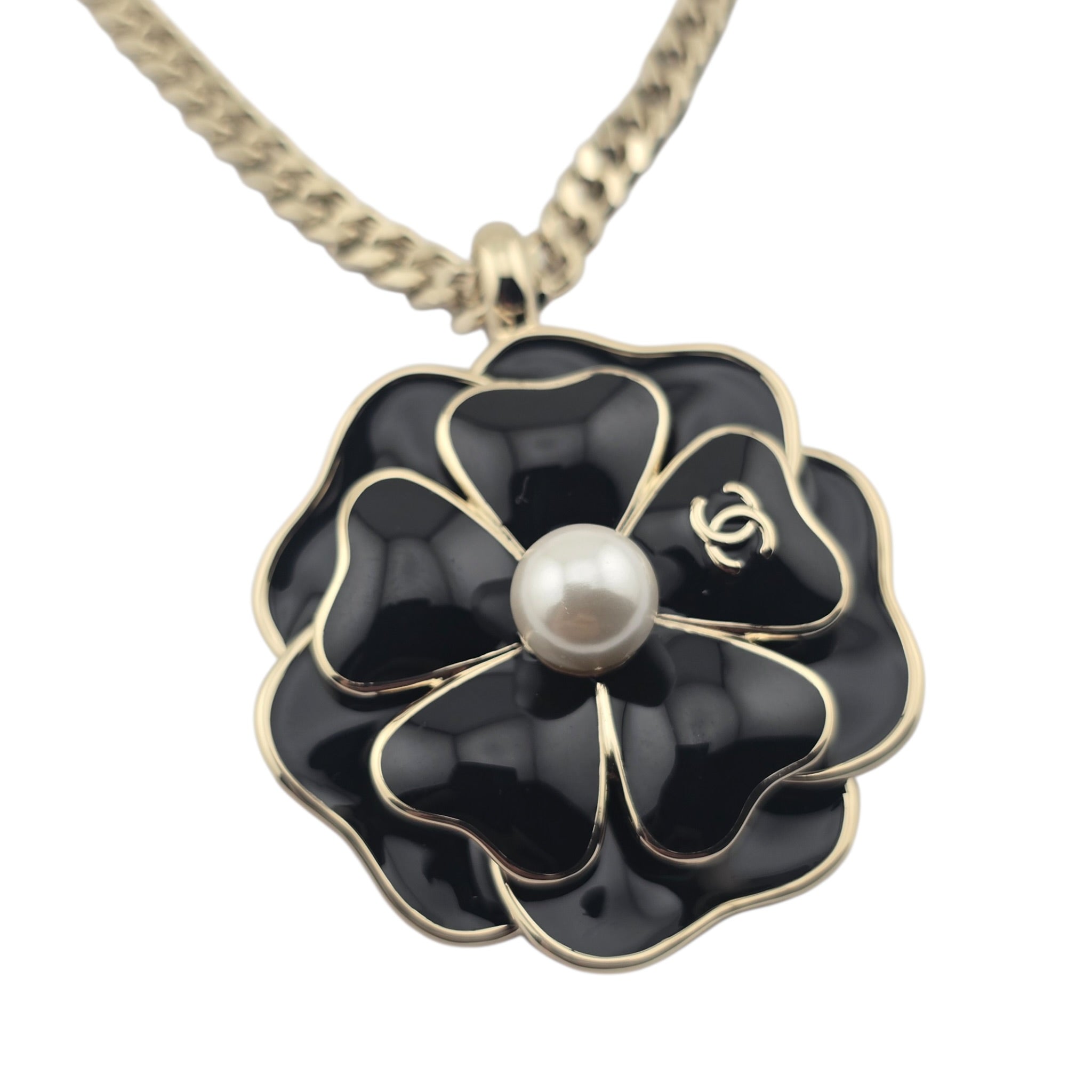 Chanel CC Black Crystal Enamel Camellia Pendant Necklace CHANEL