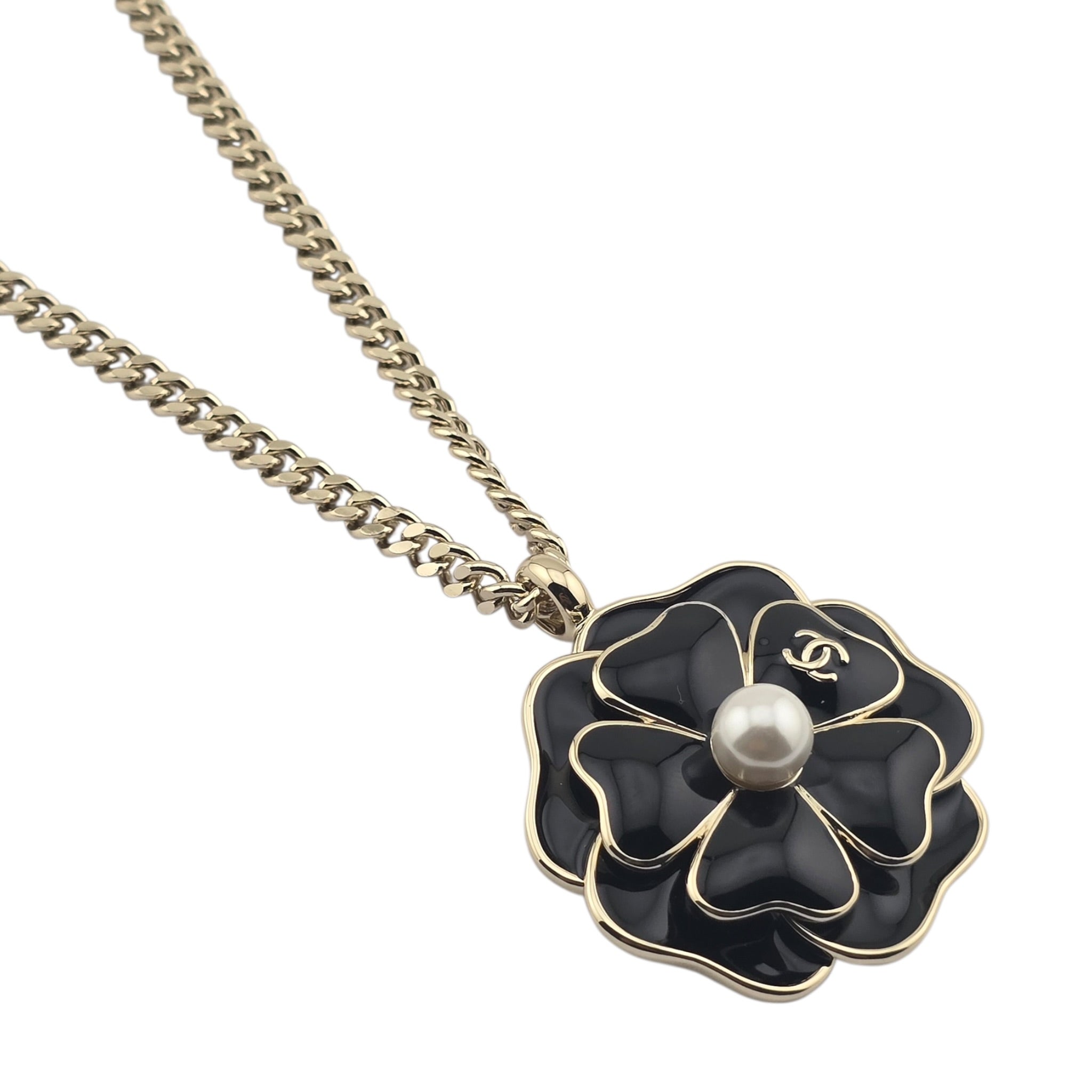 Chanel CC Black Crystal Enamel Camellia Pendant Necklace CHANEL