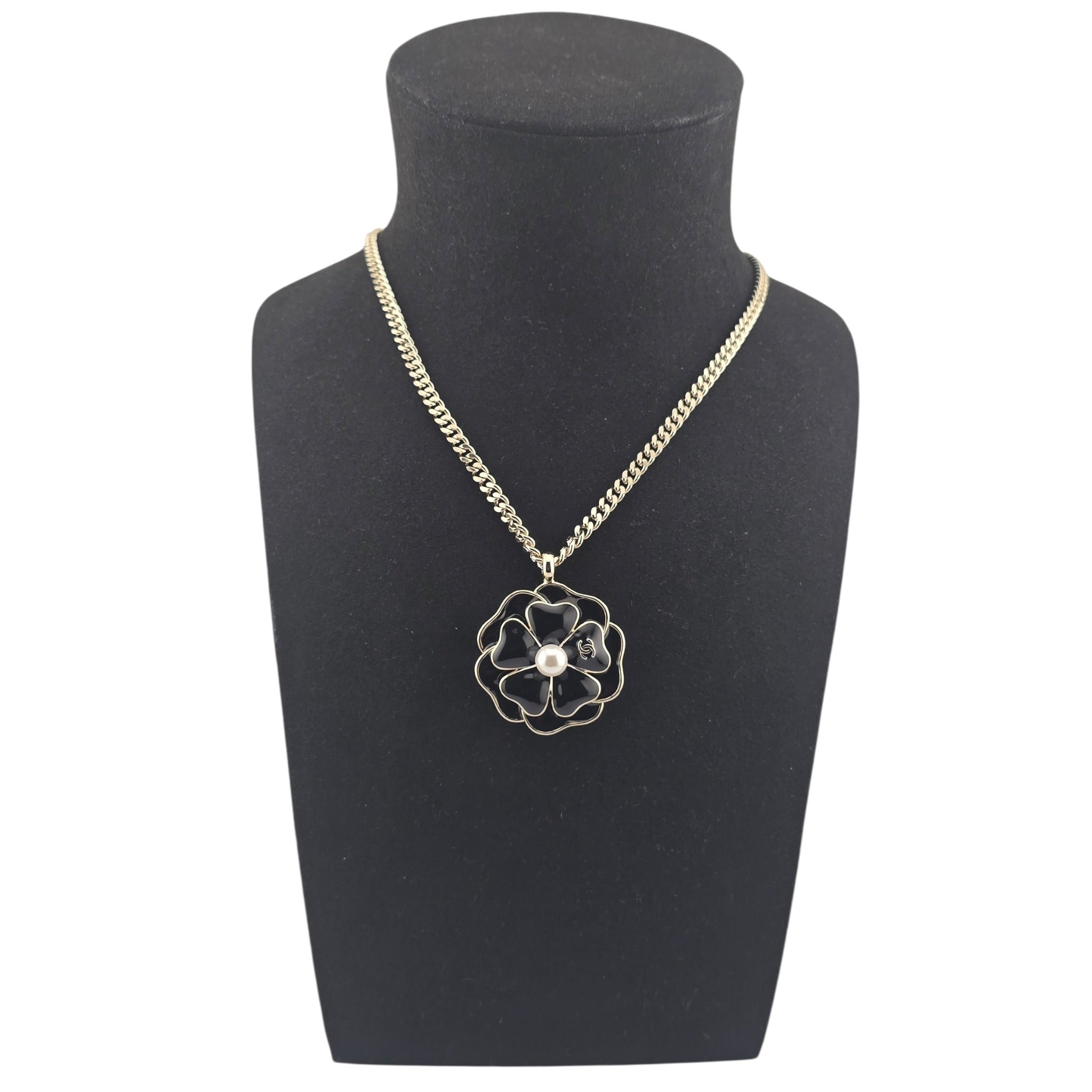 Chanel CC Black Crystal Enamel Camellia Pendant Necklace CHANEL