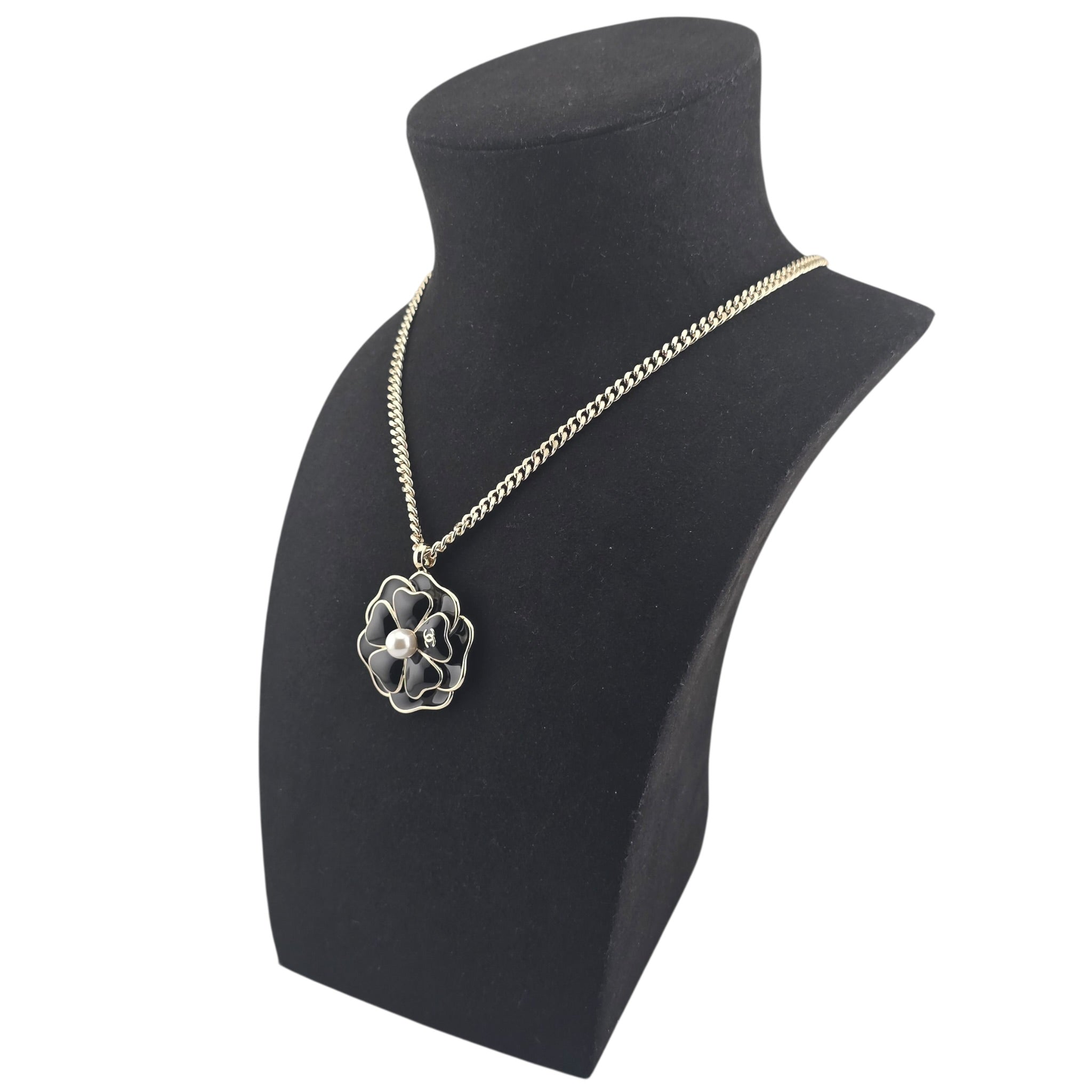 Chanel CC Black Crystal Enamel Camellia Pendant Necklace CHANEL