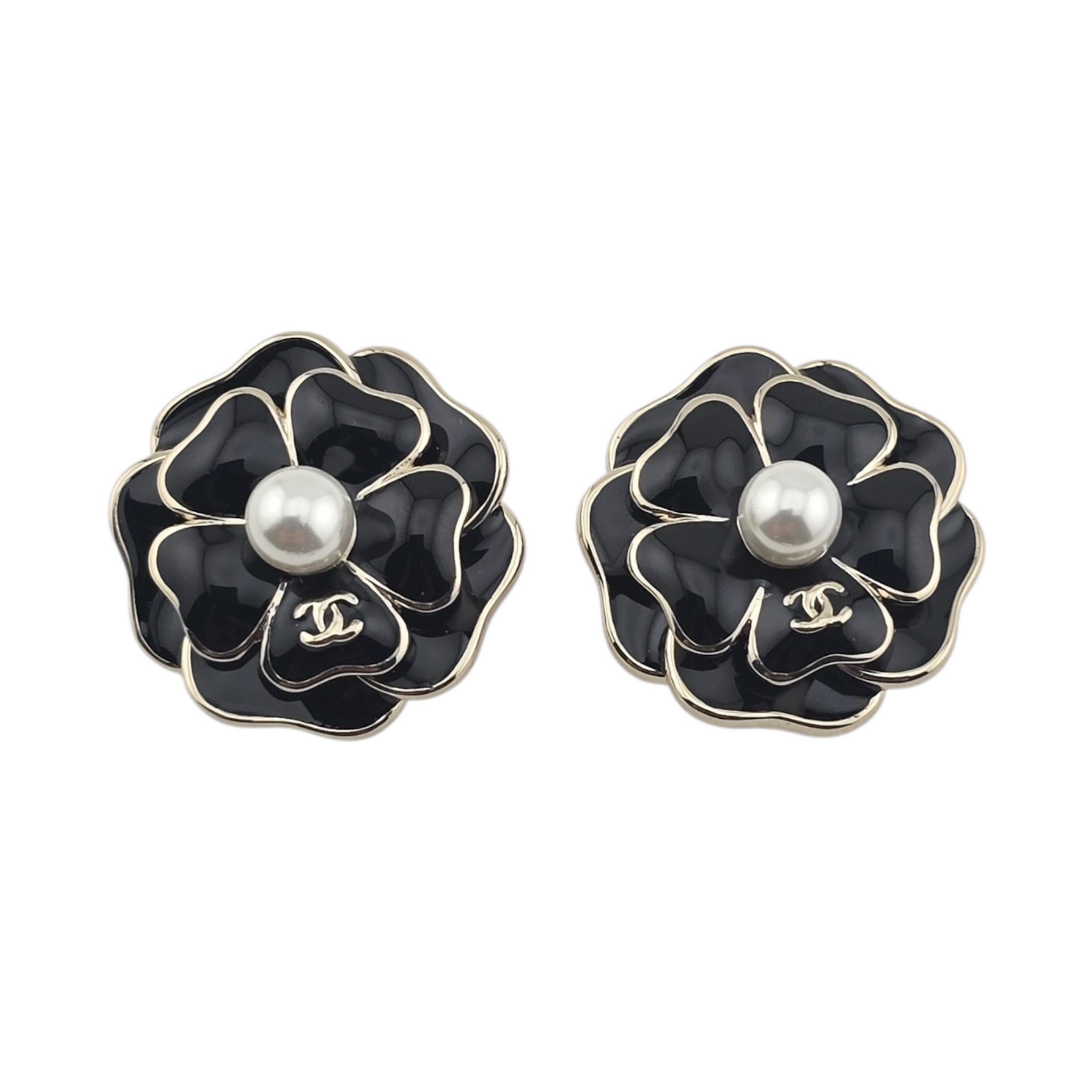 Chanel CC Black Crystal Enamel Camellia Earrings 2025 CHANEL