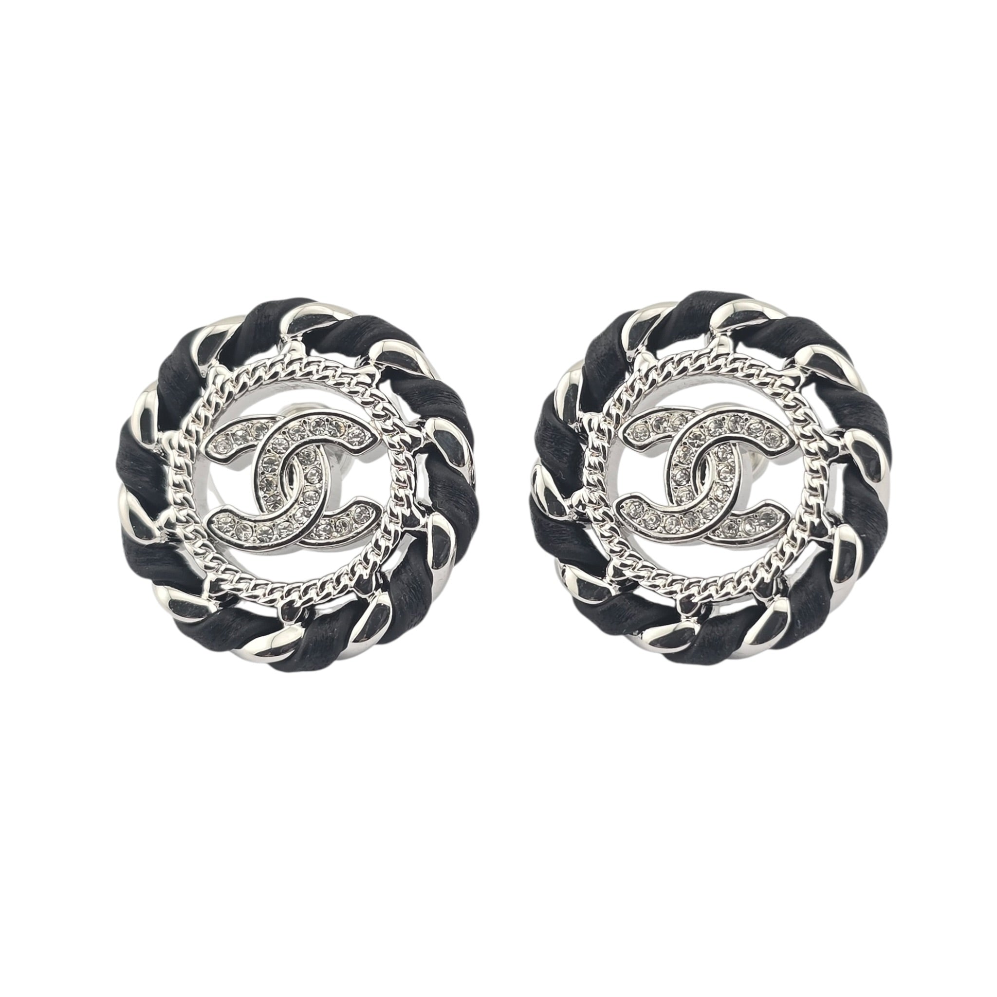 Chanel CC Crystal Lambskin Chain Stud Earrings Black Silver 2026 CHANEL