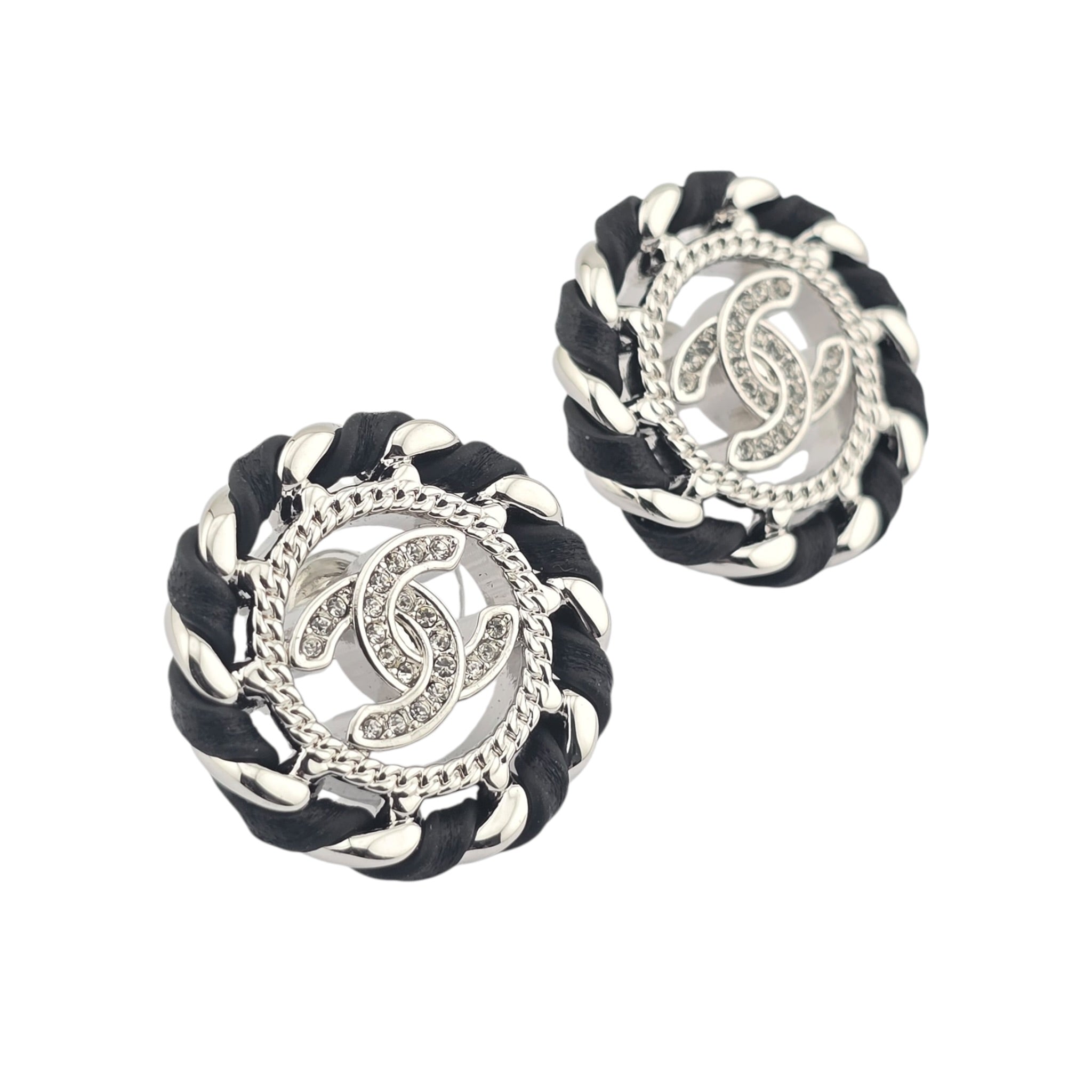 Chanel CC Crystal Lambskin Chain Stud Earrings Black Silver 2026 CHANEL