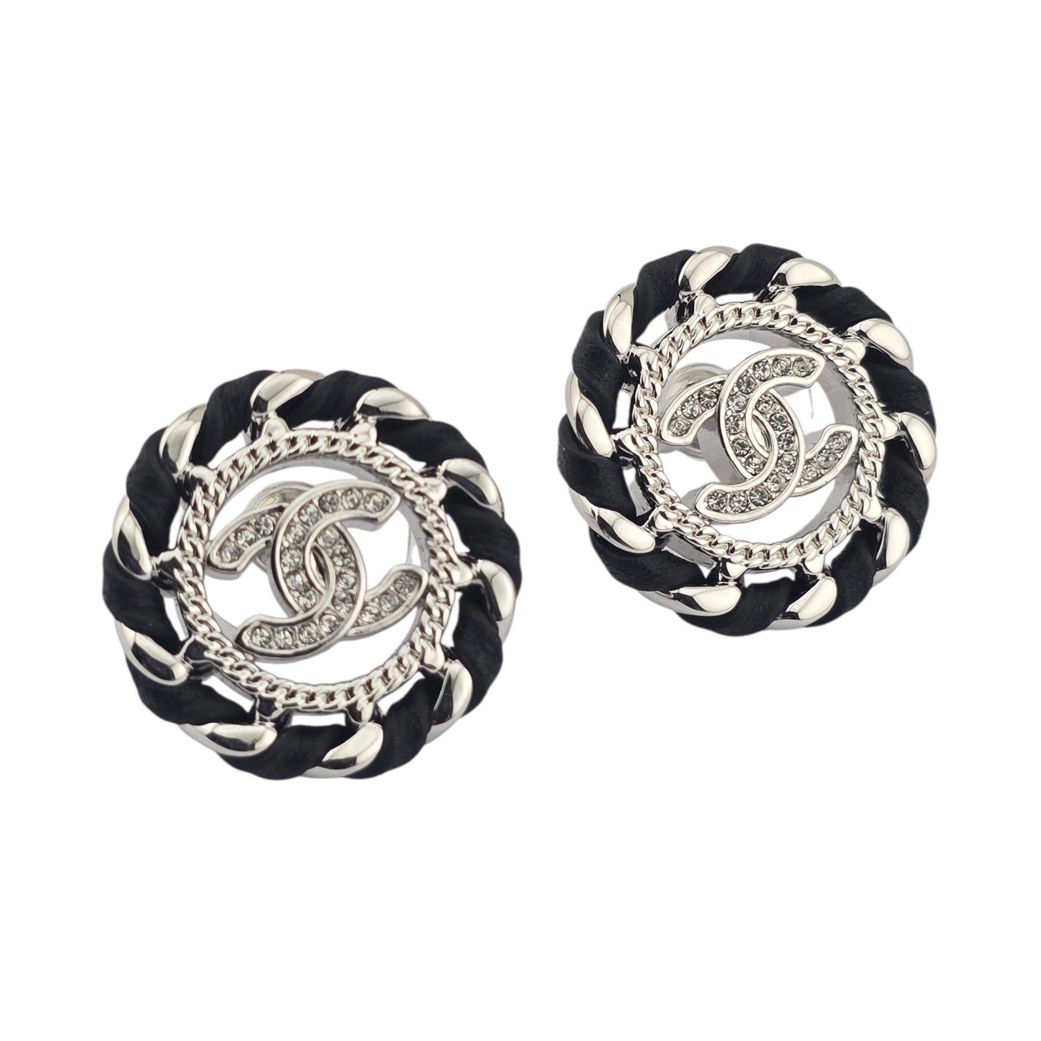 Chanel CC Crystal Lambskin Chain Stud Earrings Black Silver 2026 CHANEL