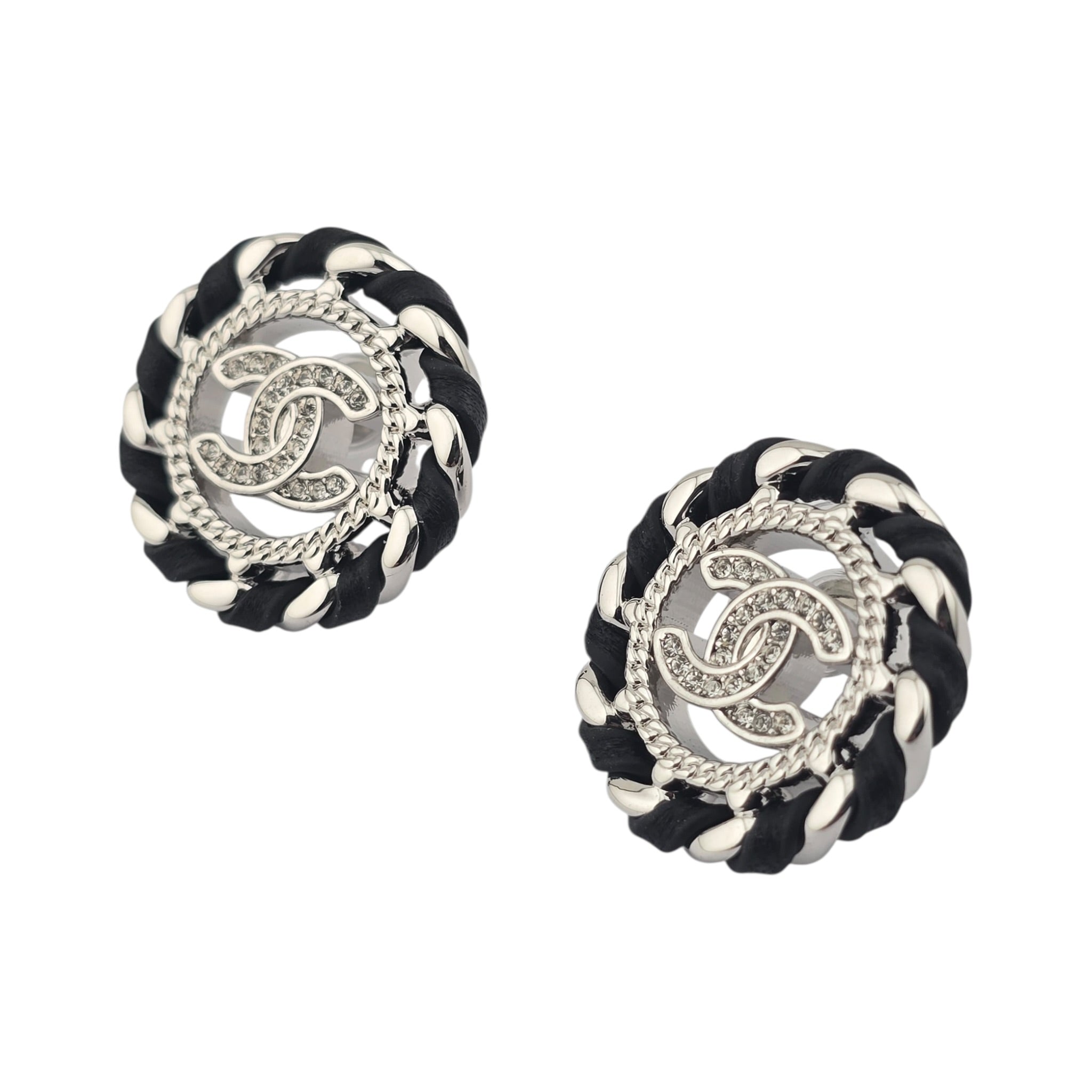 Chanel CC Crystal Lambskin Chain Stud Earrings Black Silver 2026 CHANEL