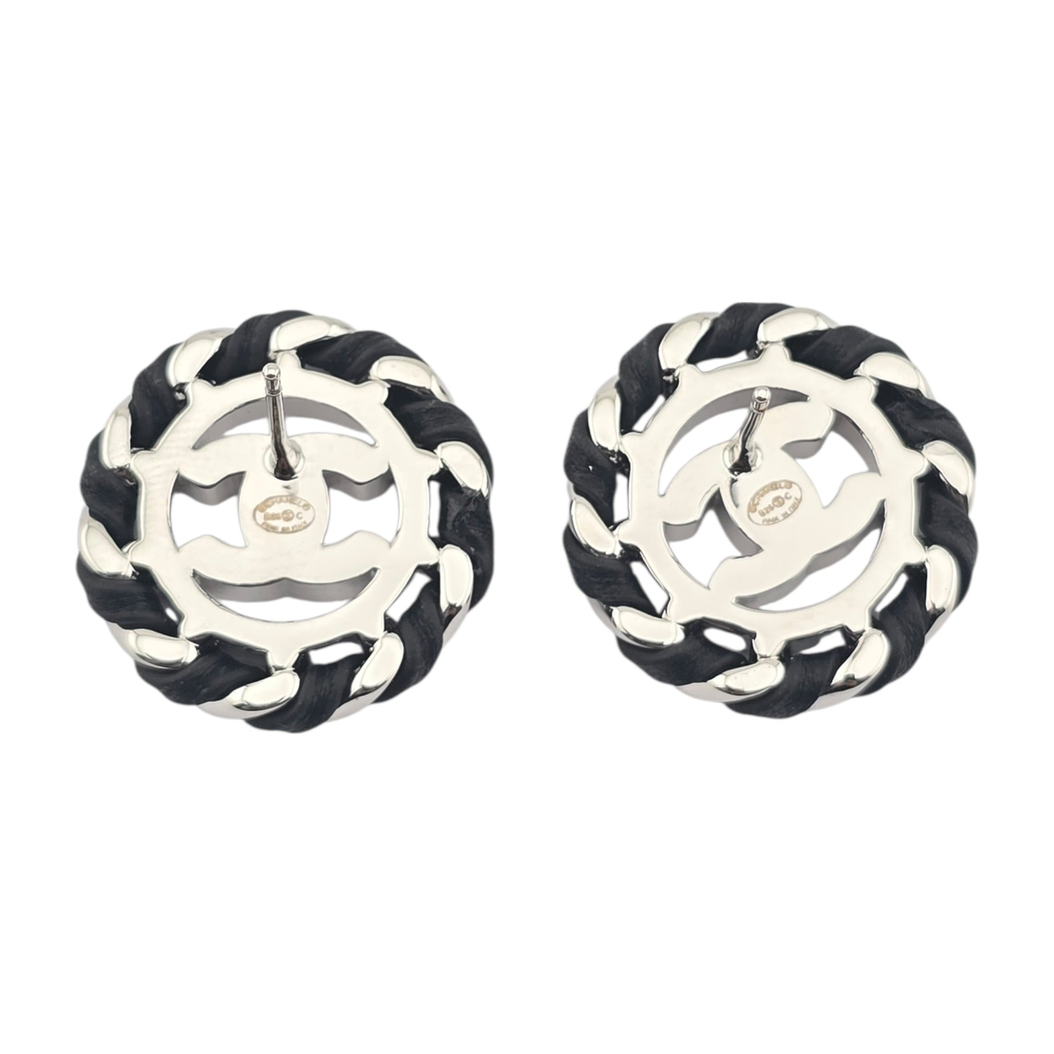 Chanel CC Crystal Lambskin Chain Stud Earrings Black Silver 2026 CHANEL