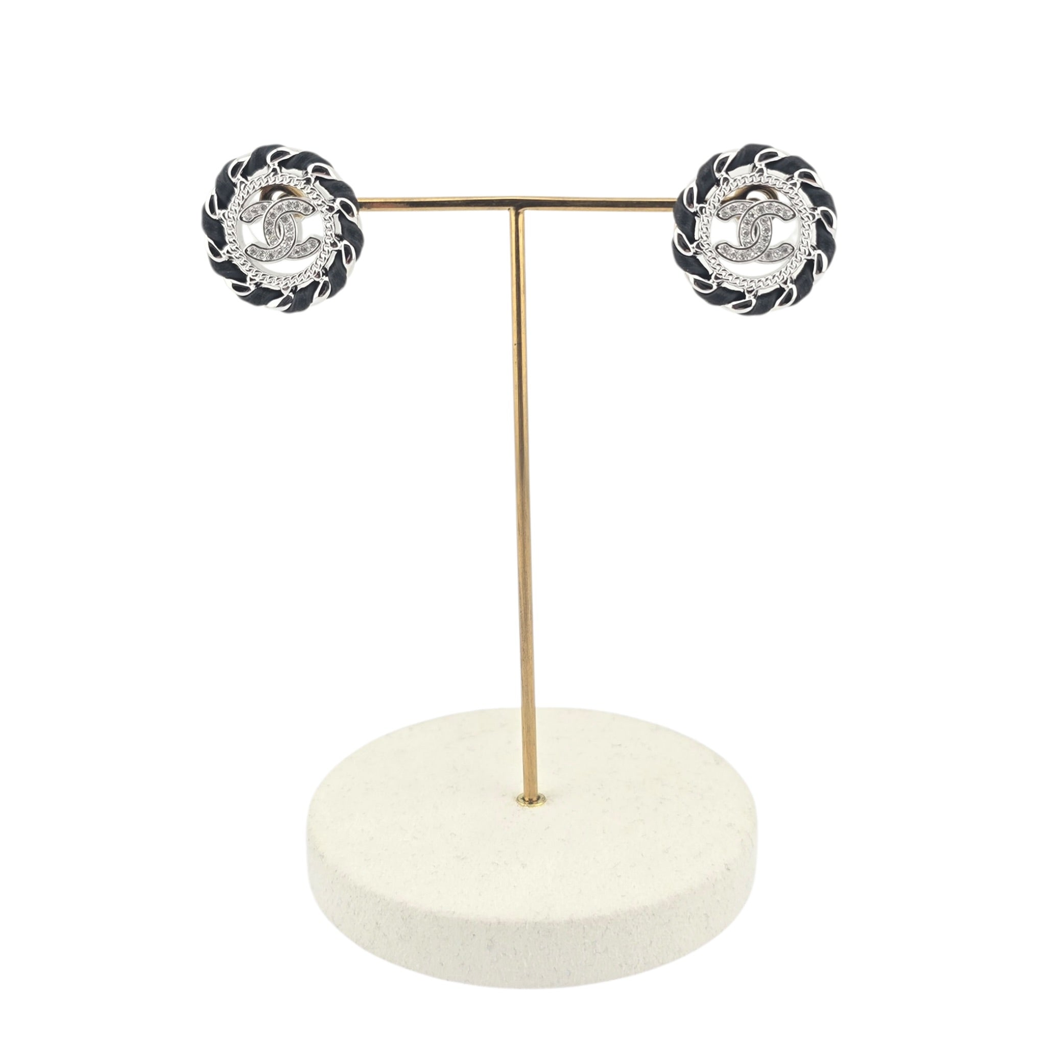Chanel CC Crystal Lambskin Chain Stud Earrings Black Silver 2026 CHANEL