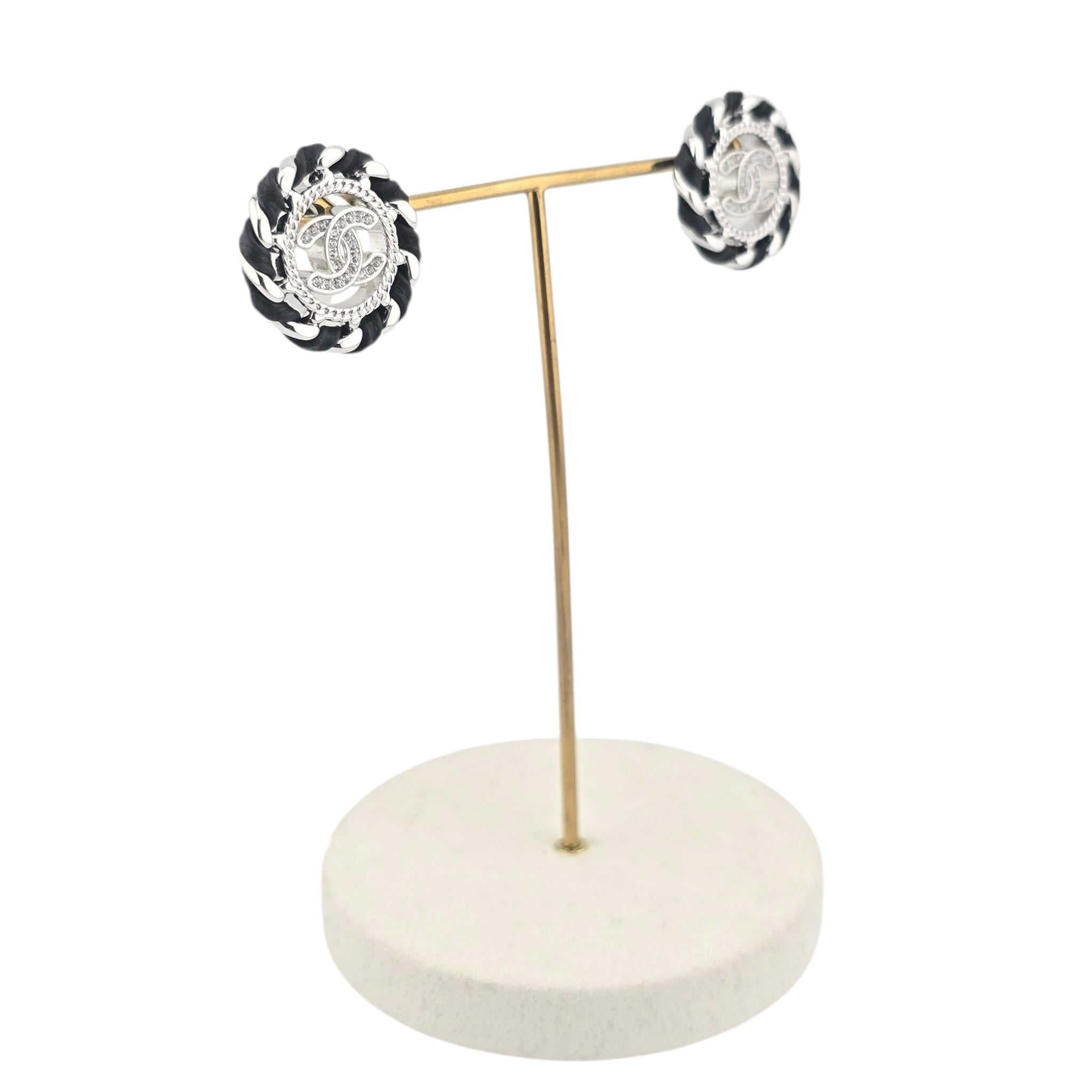 Chanel CC Crystal Lambskin Chain Stud Earrings Black Silver 2026 CHANEL