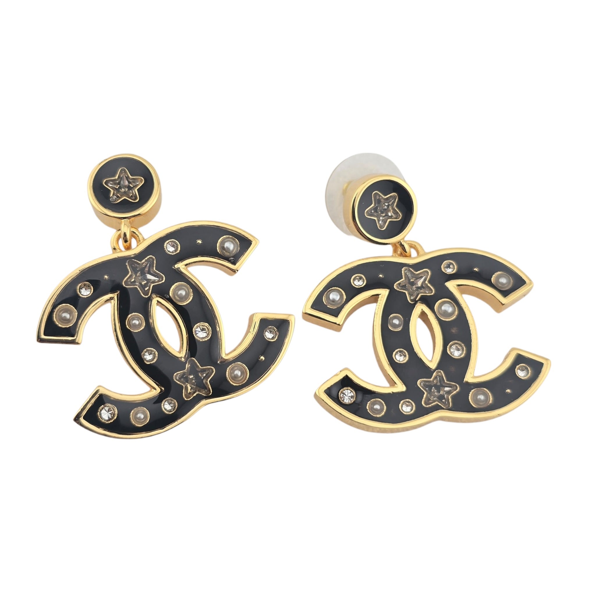 Chanel CC Metal Resin Star Logo Drop Earrings Gold Black 2025 CHANEL