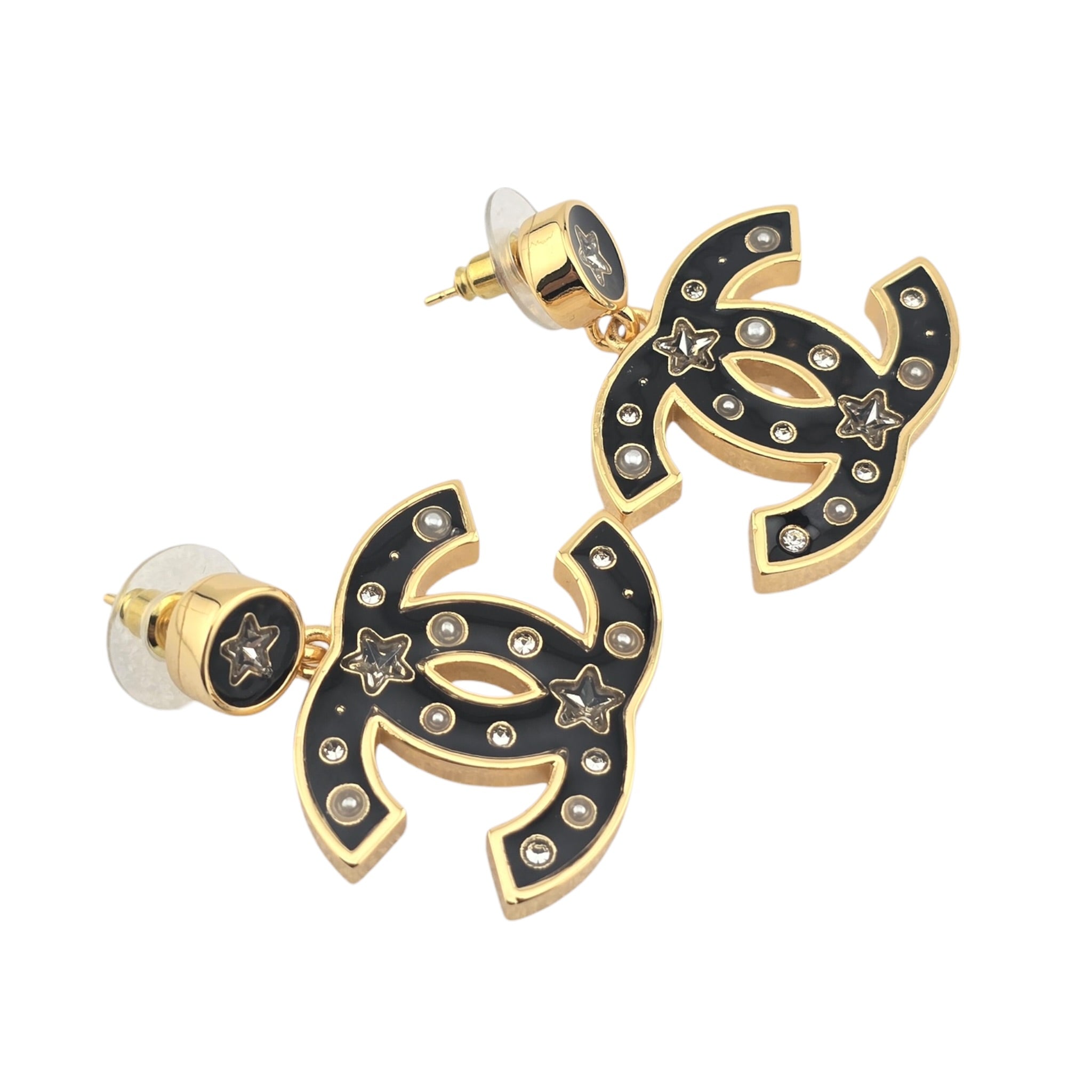Chanel CC Metal Resin Star Logo Drop Earrings Gold Black 2025 CHANEL