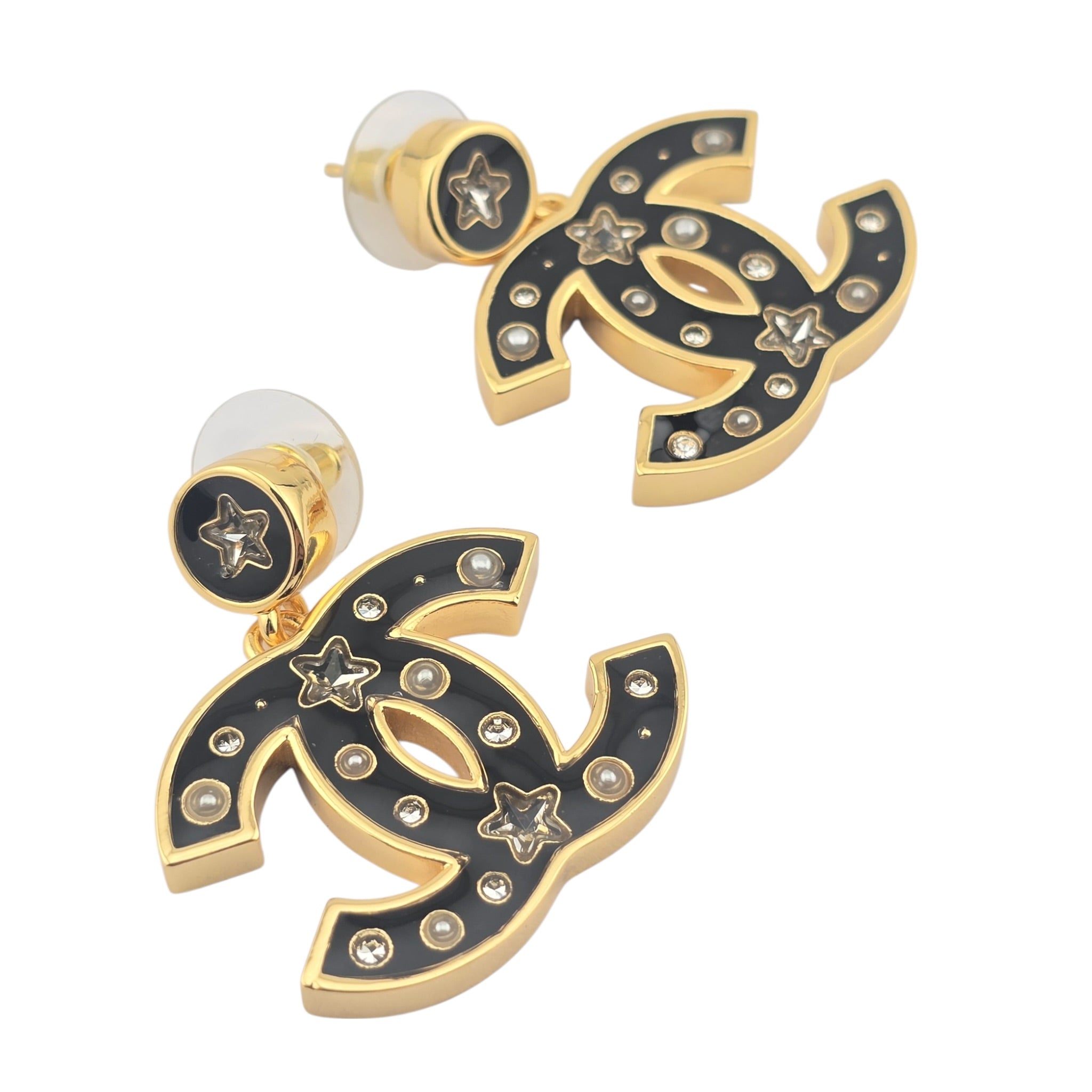Chanel CC Metal Resin Star Logo Drop Earrings Gold Black 2025 CHANEL