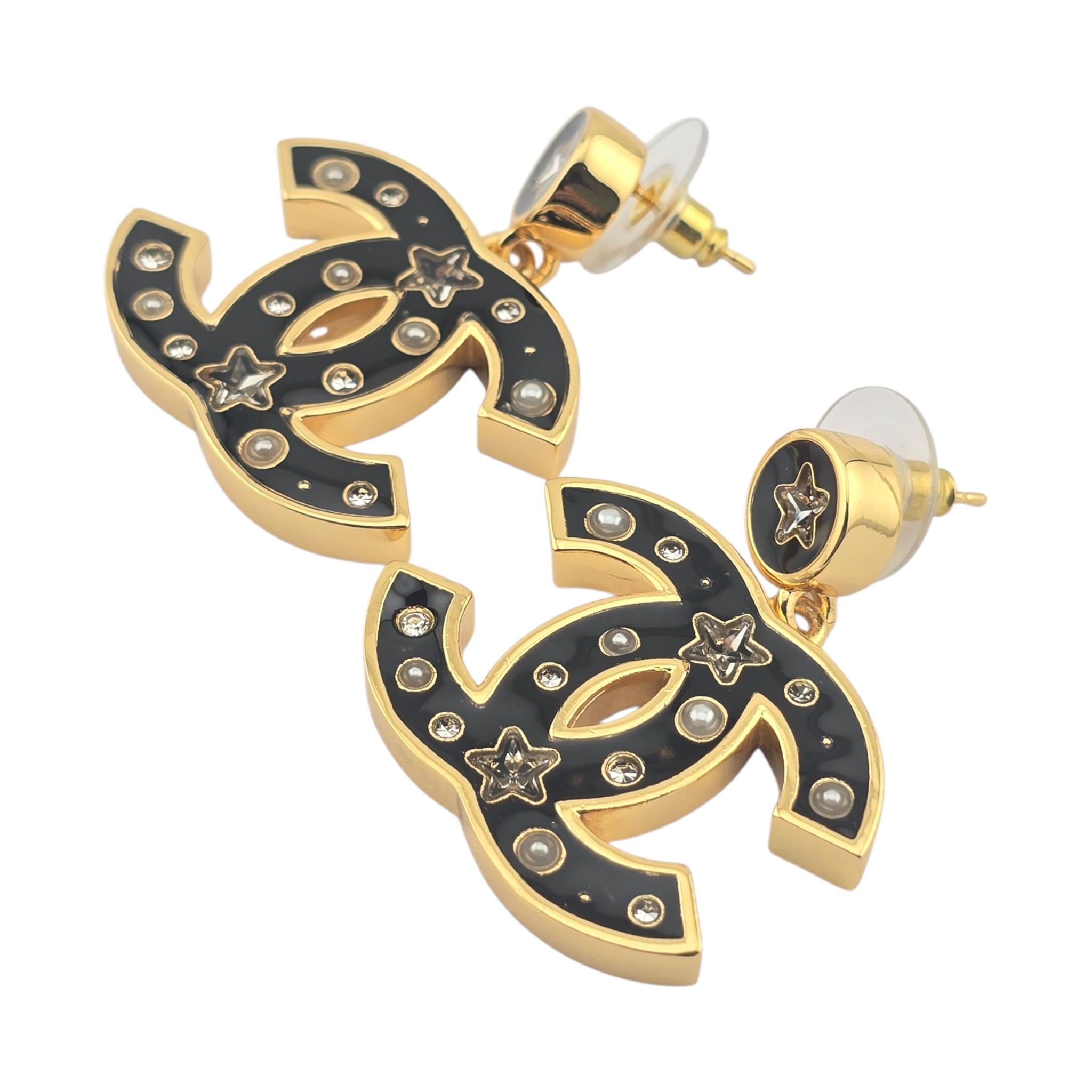 Chanel CC Metal Resin Star Logo Drop Earrings Gold Black 2025 CHANEL