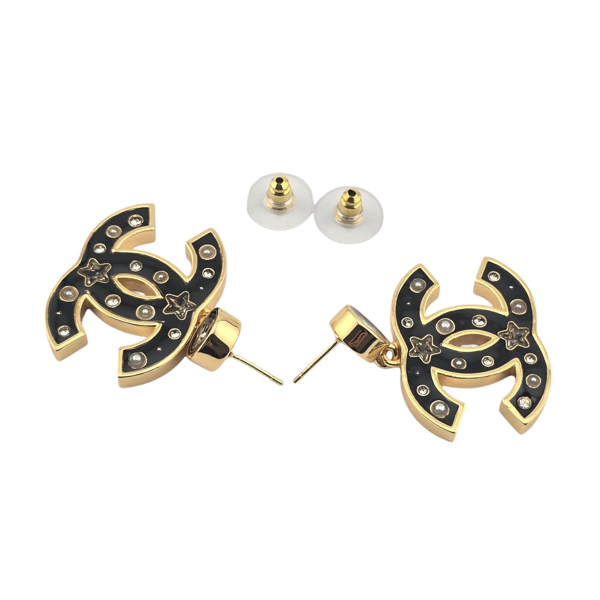 Chanel CC Metal Resin Star Logo Drop Earrings Gold Black 2025 CHANEL