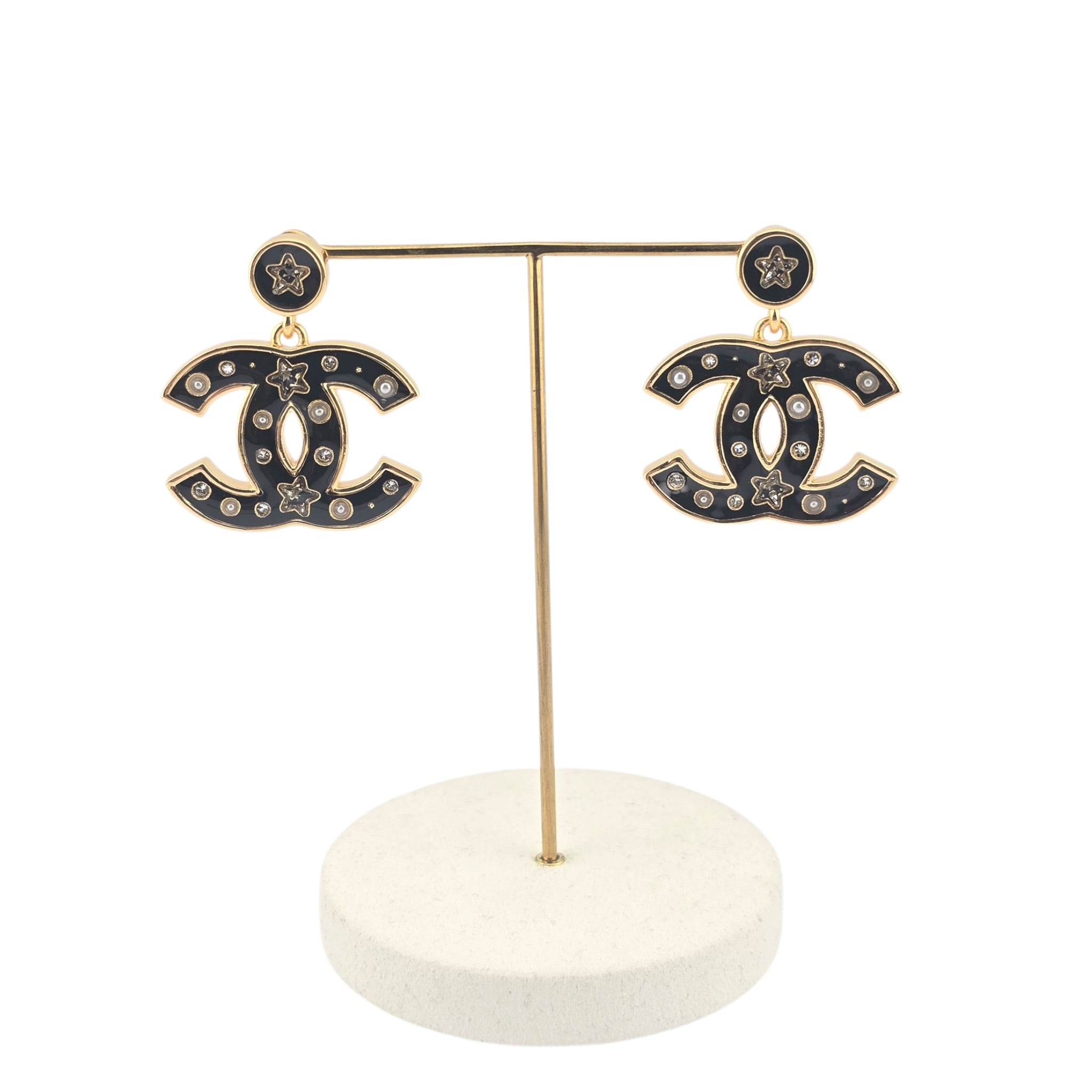 Chanel CC Metal Resin Star Logo Drop Earrings Gold Black 2025 CHANEL