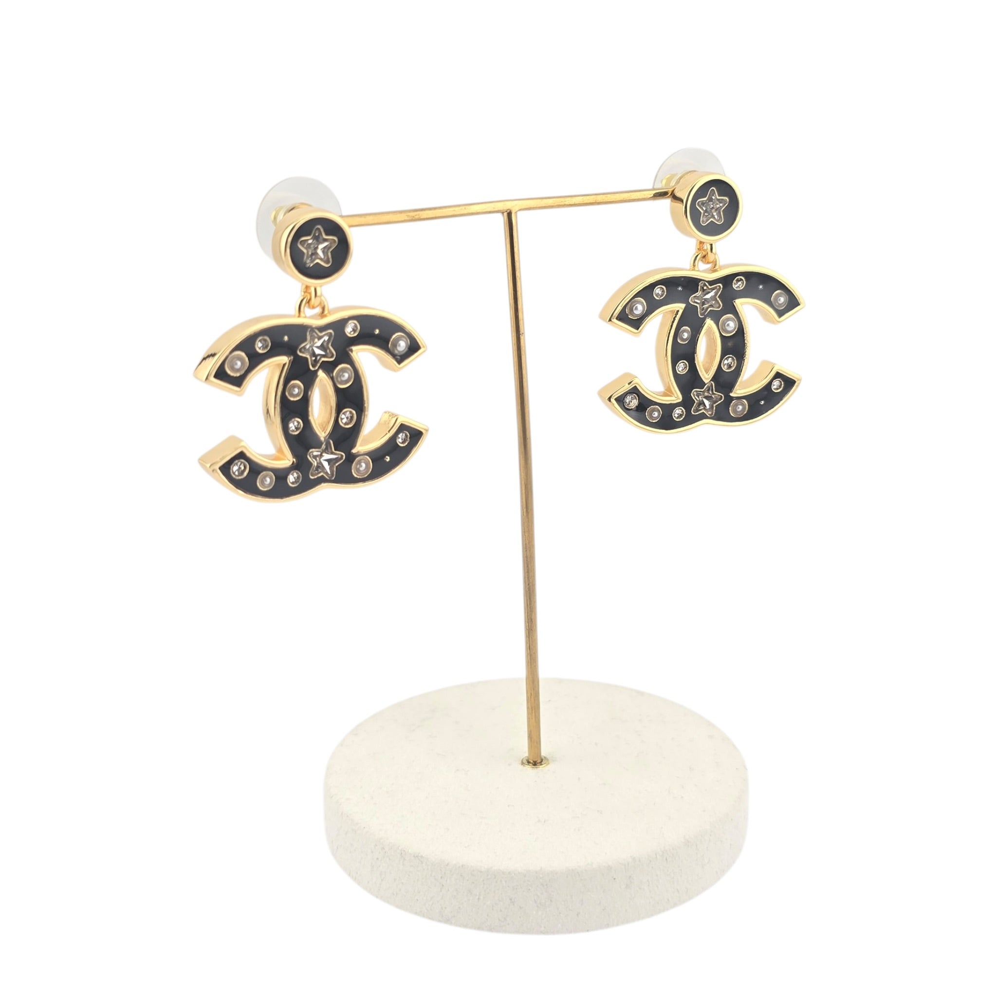 Chanel CC Metal Resin Star Logo Drop Earrings Gold Black 2025 CHANEL
