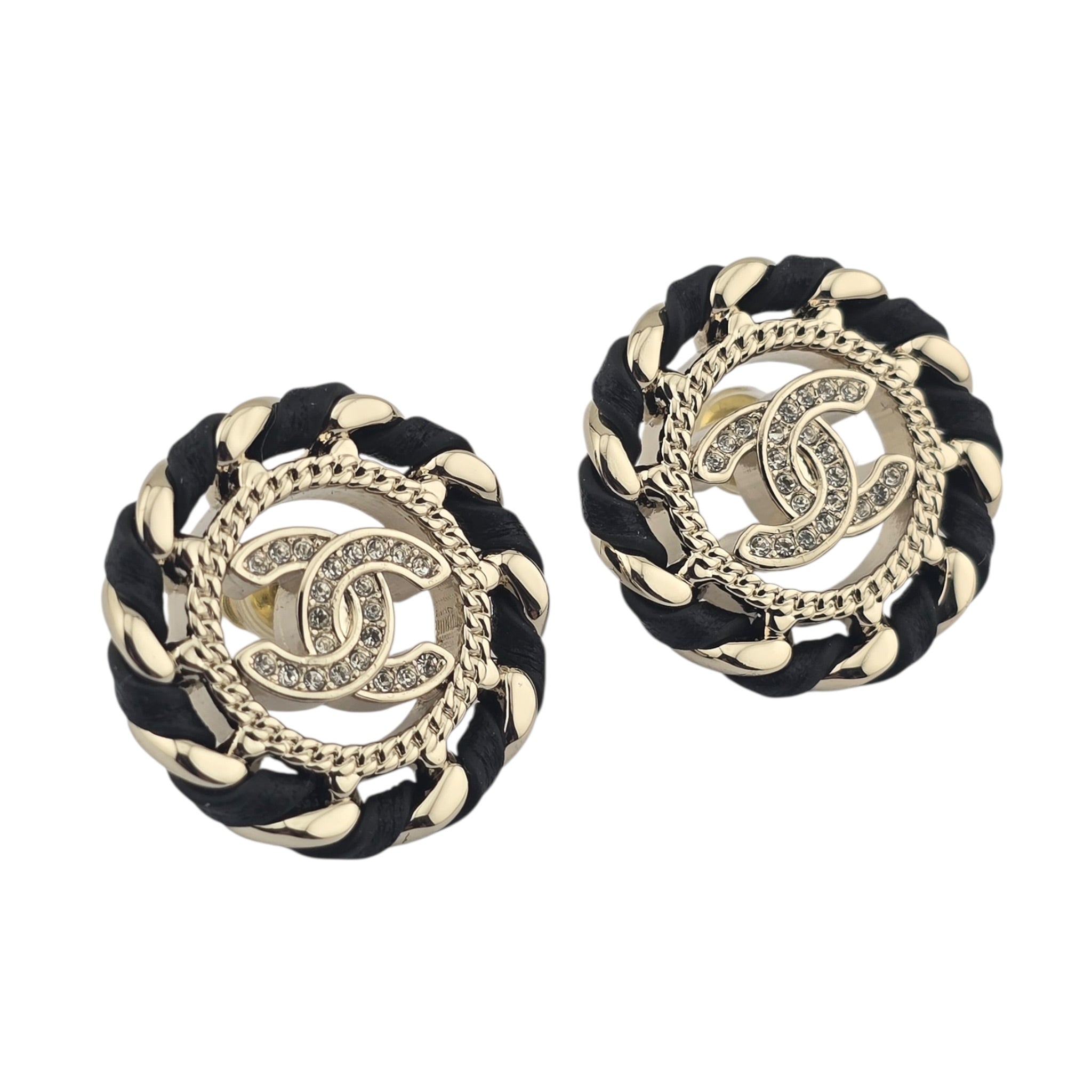 Chanel CC Crystal Lambskin Chain Stud Earrings Black Gold 2026 CHANEL