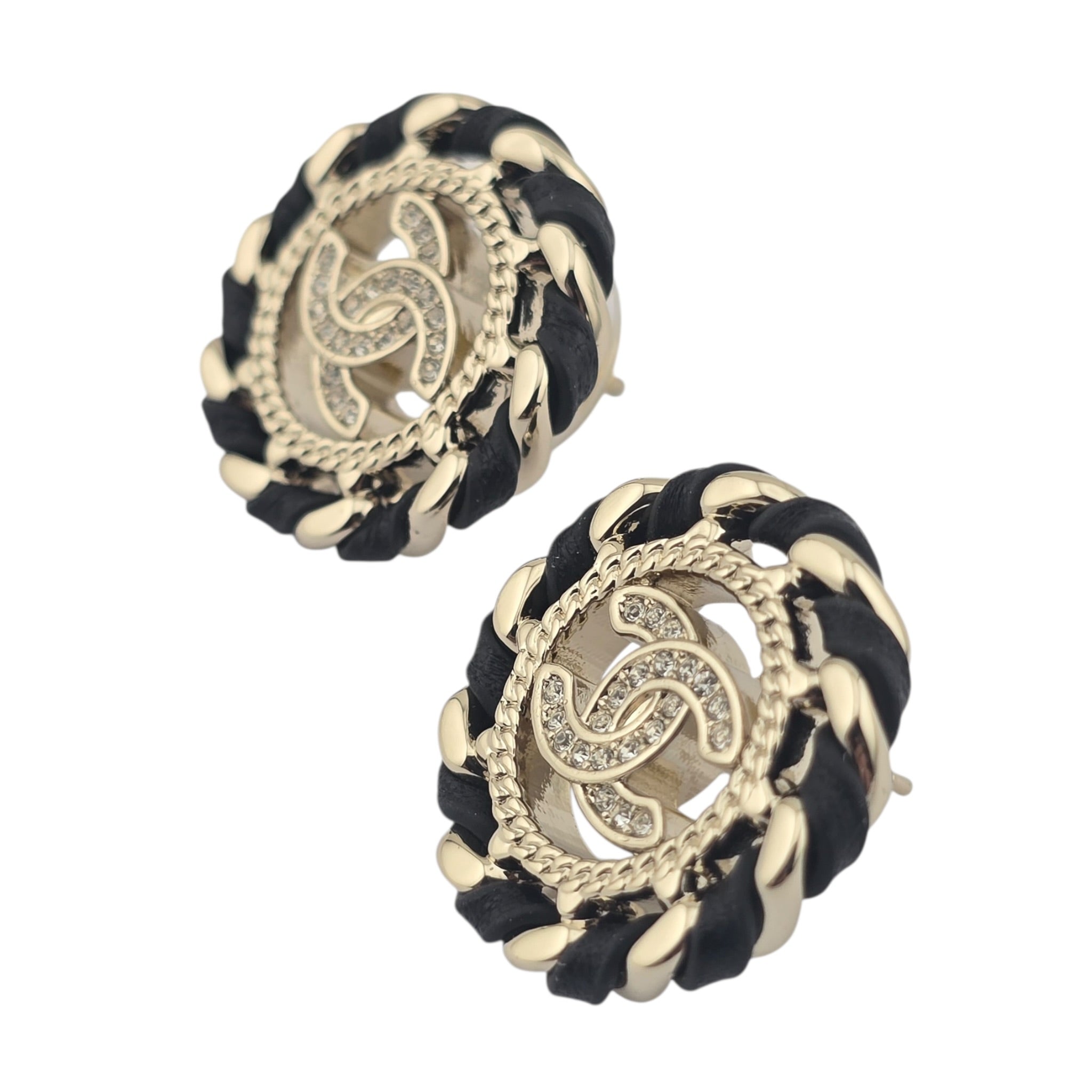 Chanel CC Crystal Lambskin Chain Stud Earrings Black Gold 2026 CHANEL