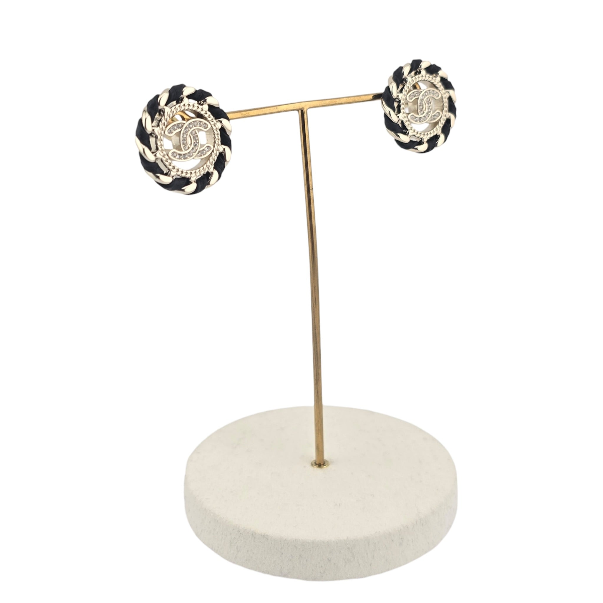 Chanel CC Crystal Lambskin Chain Stud Earrings Black Gold 2026 CHANEL