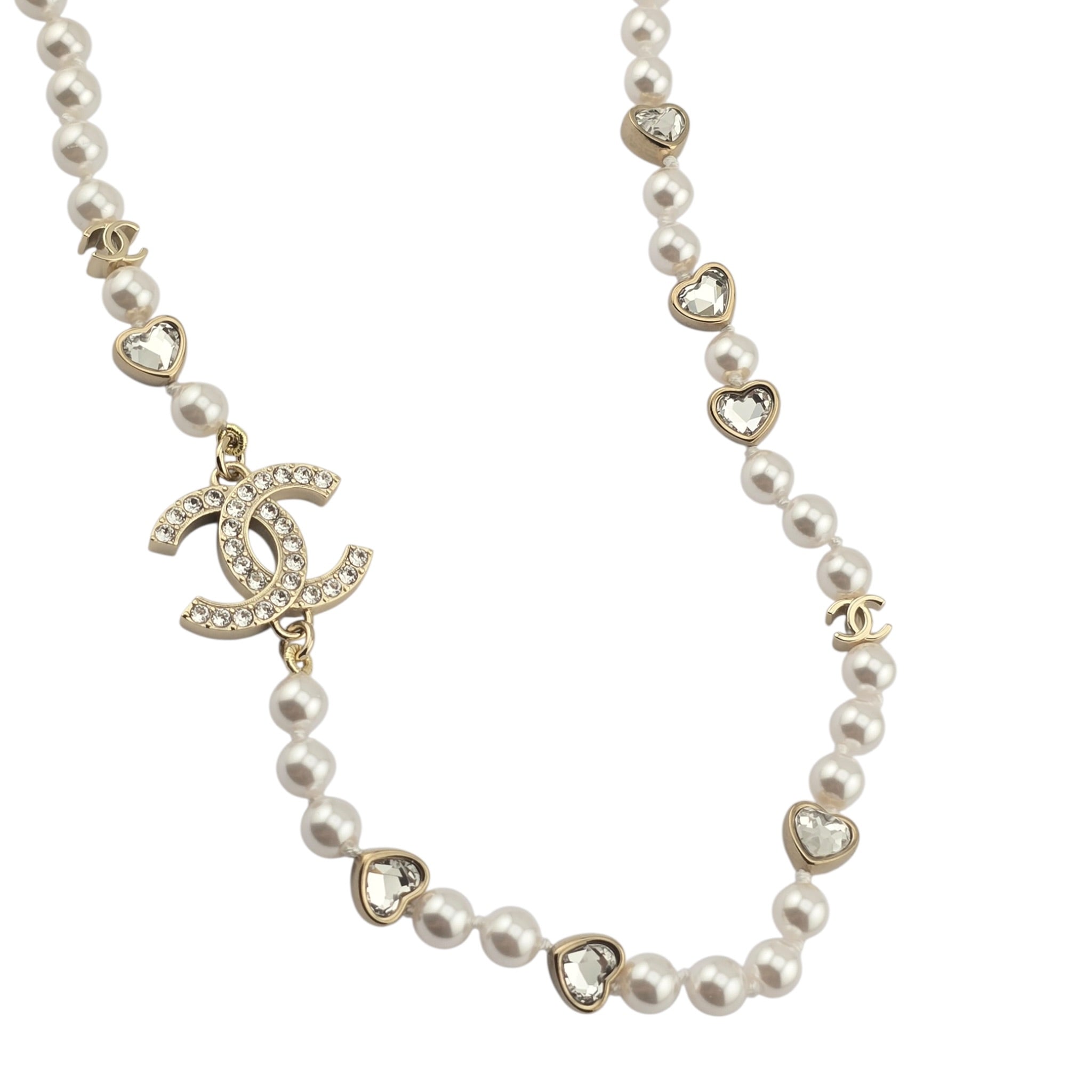 Chanel CC Faux Pearl Crystal Heart Necklace 2025 CHANEL