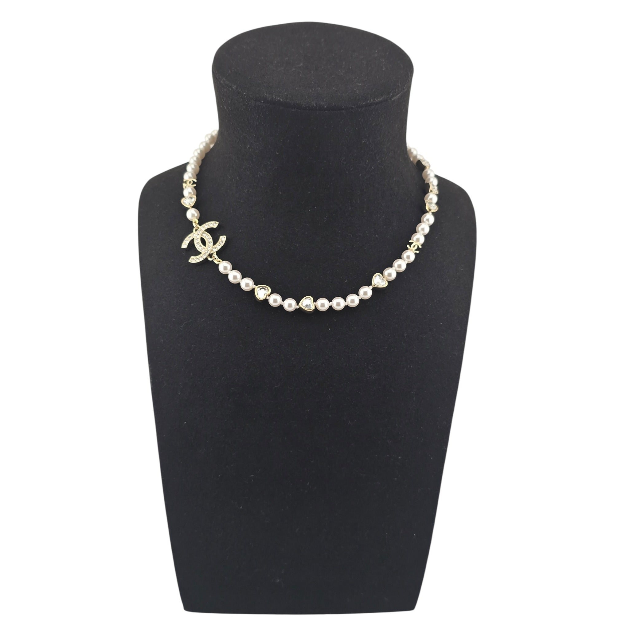 Chanel CC Faux Pearl Crystal Heart Necklace 2025 CHANEL