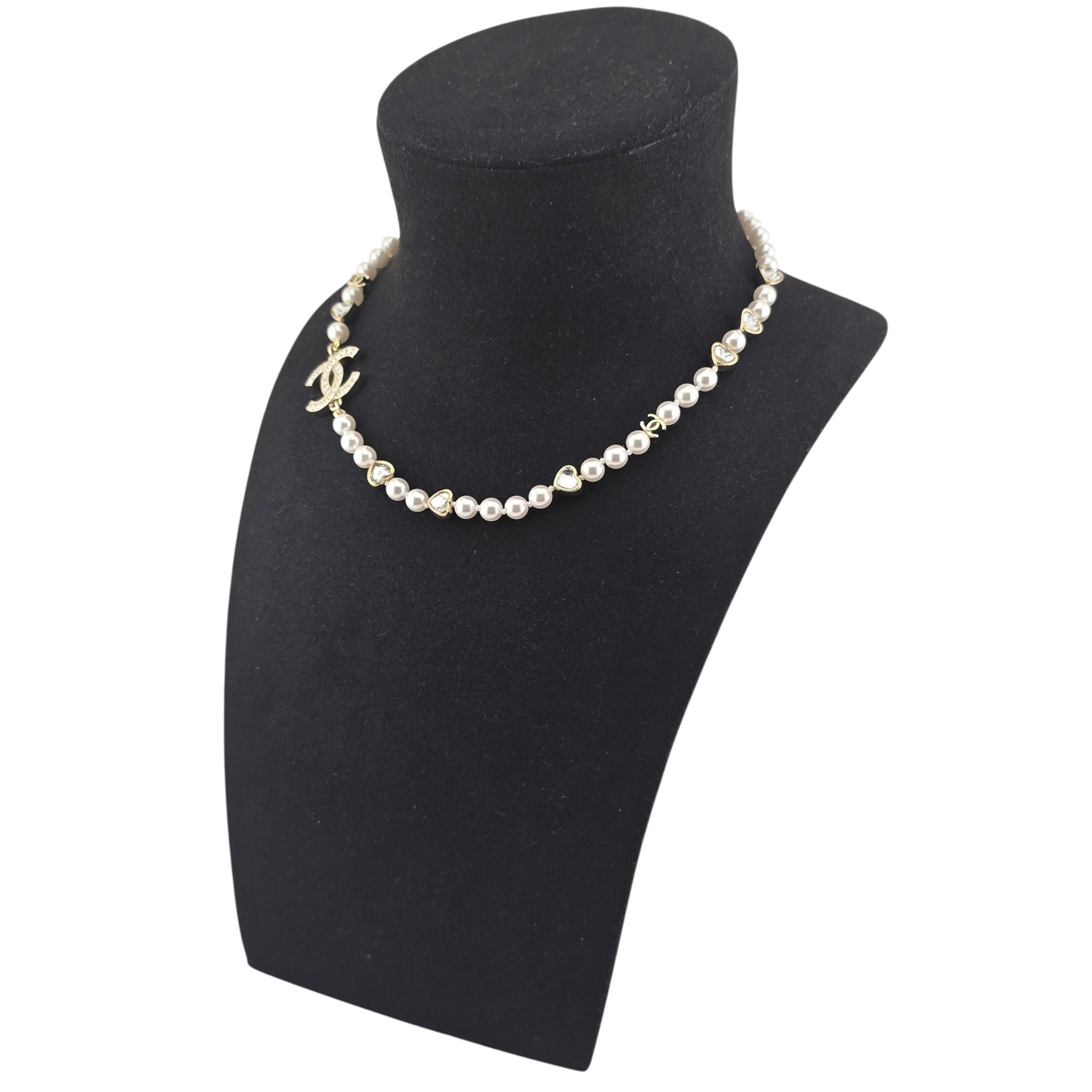 Chanel CC Faux Pearl Crystal Heart Necklace 2025 CHANEL