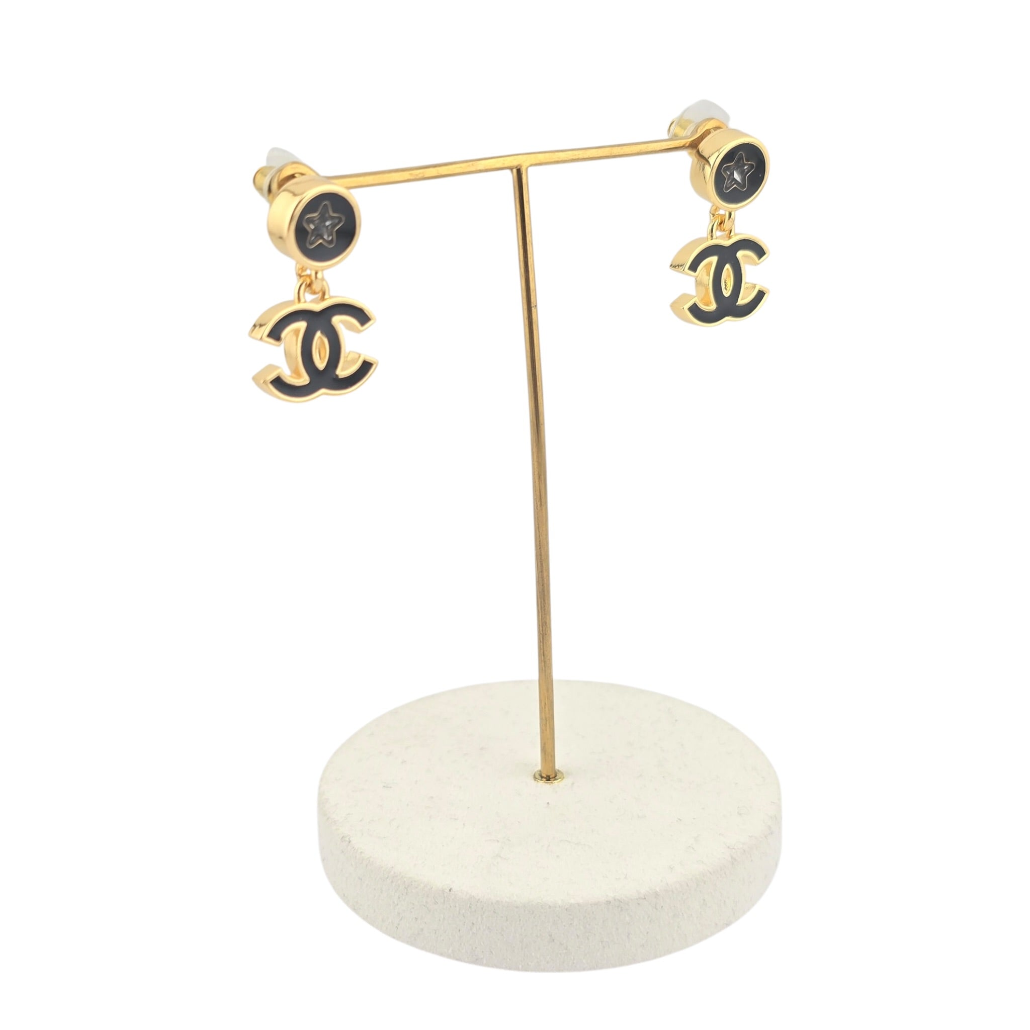 Chanel CC Metal Resin Logo Drop Star Earrings Gold Black 2025 CHANEL