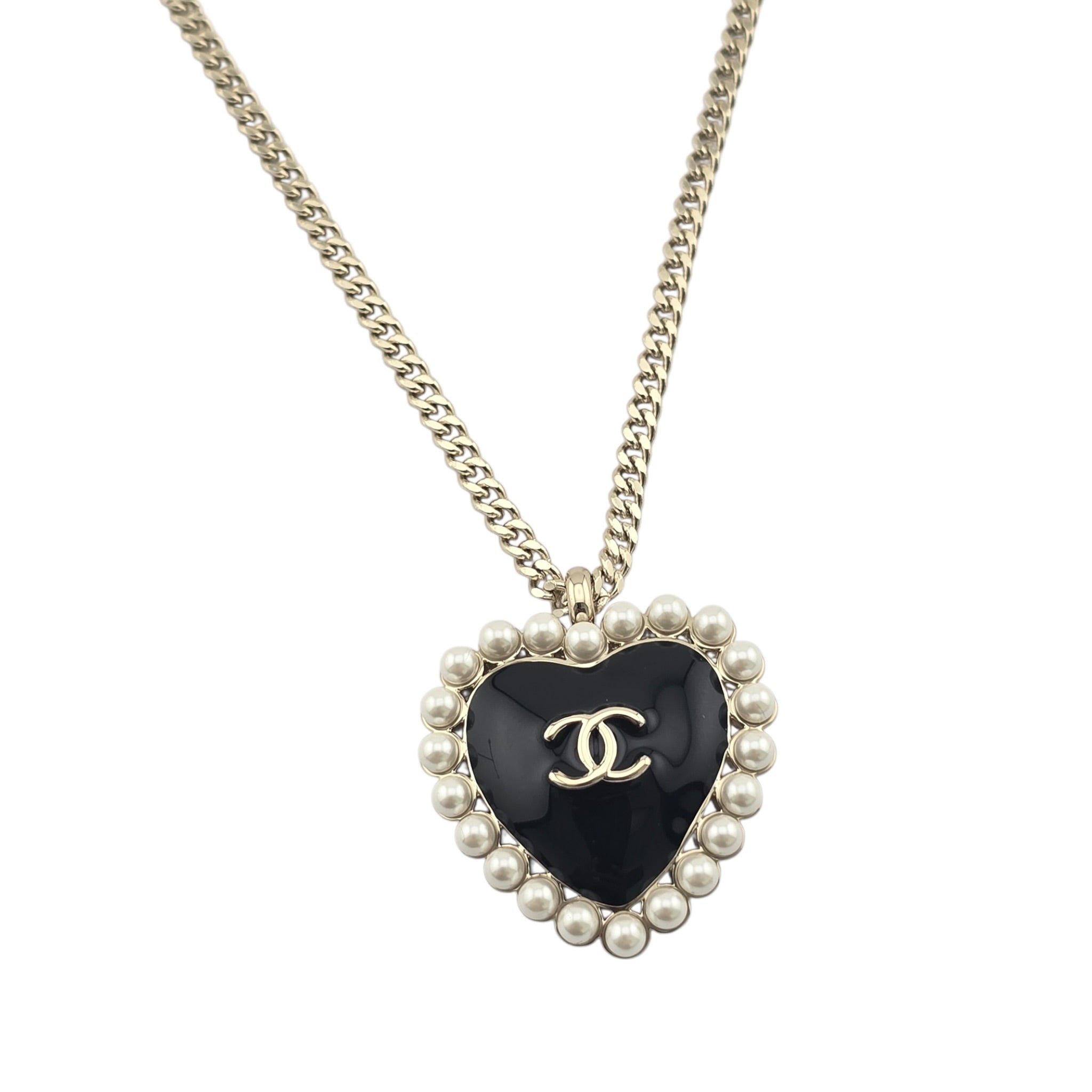 Chanel CC Black Gold Heart Faux Pearl Necklace 2025 CHANEL