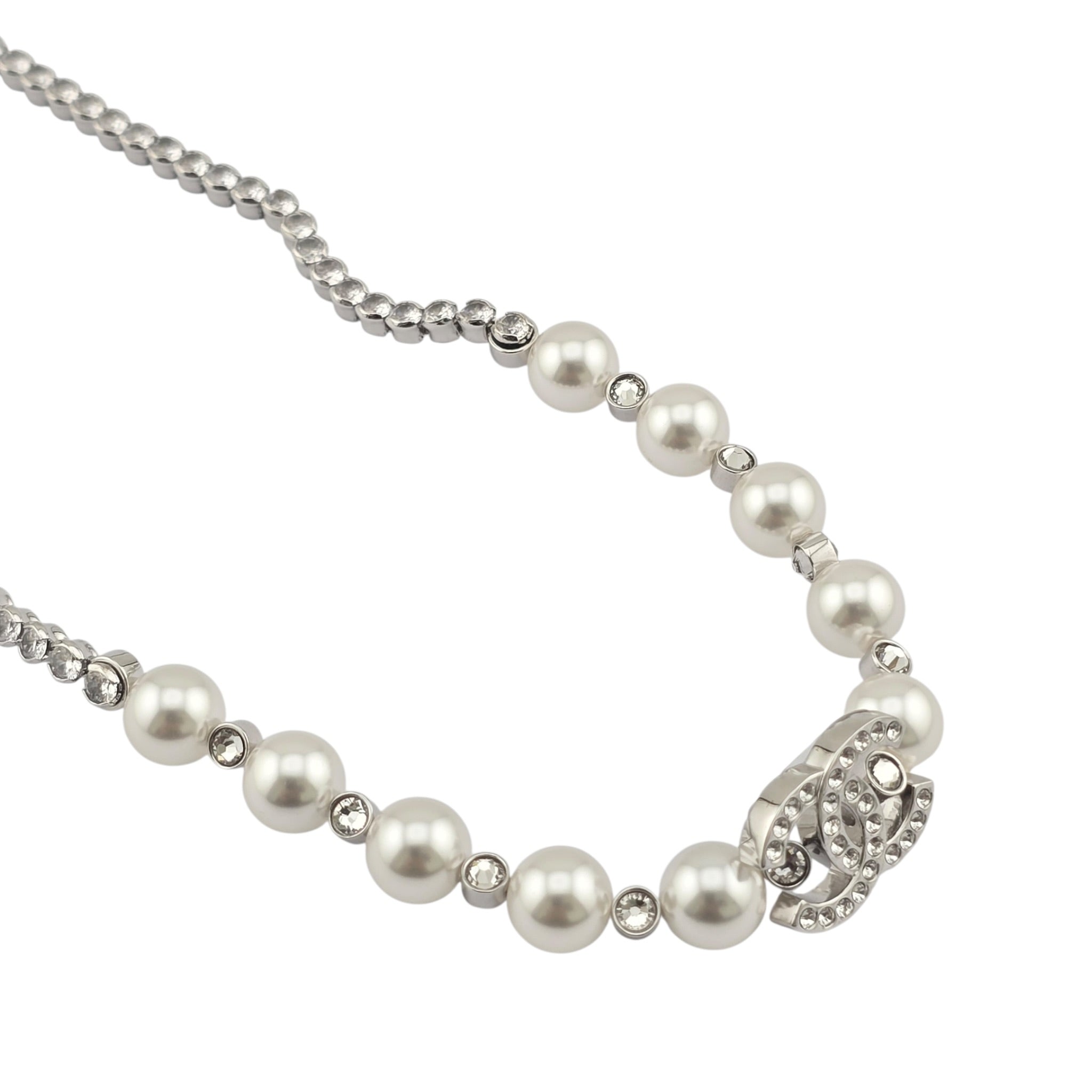 Chanel CC Silver Faux Pearl Crystal Necklace 2025 CHANEL