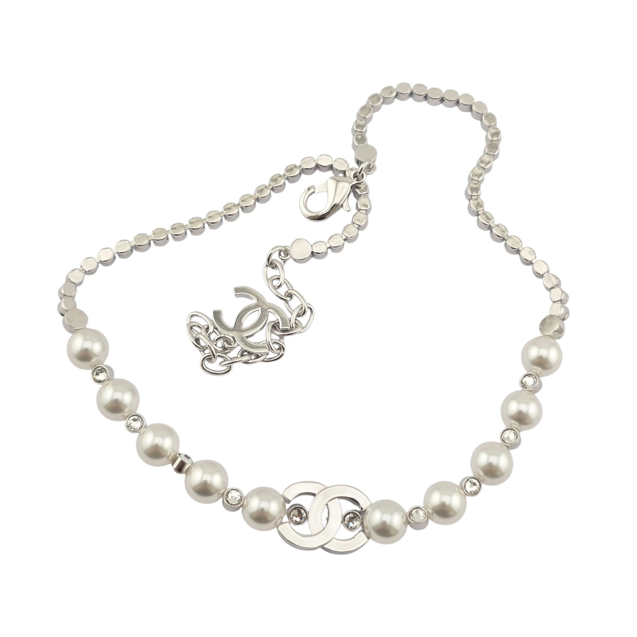 Chanel CC Silver Faux Pearl Crystal Necklace 2025 CHANEL