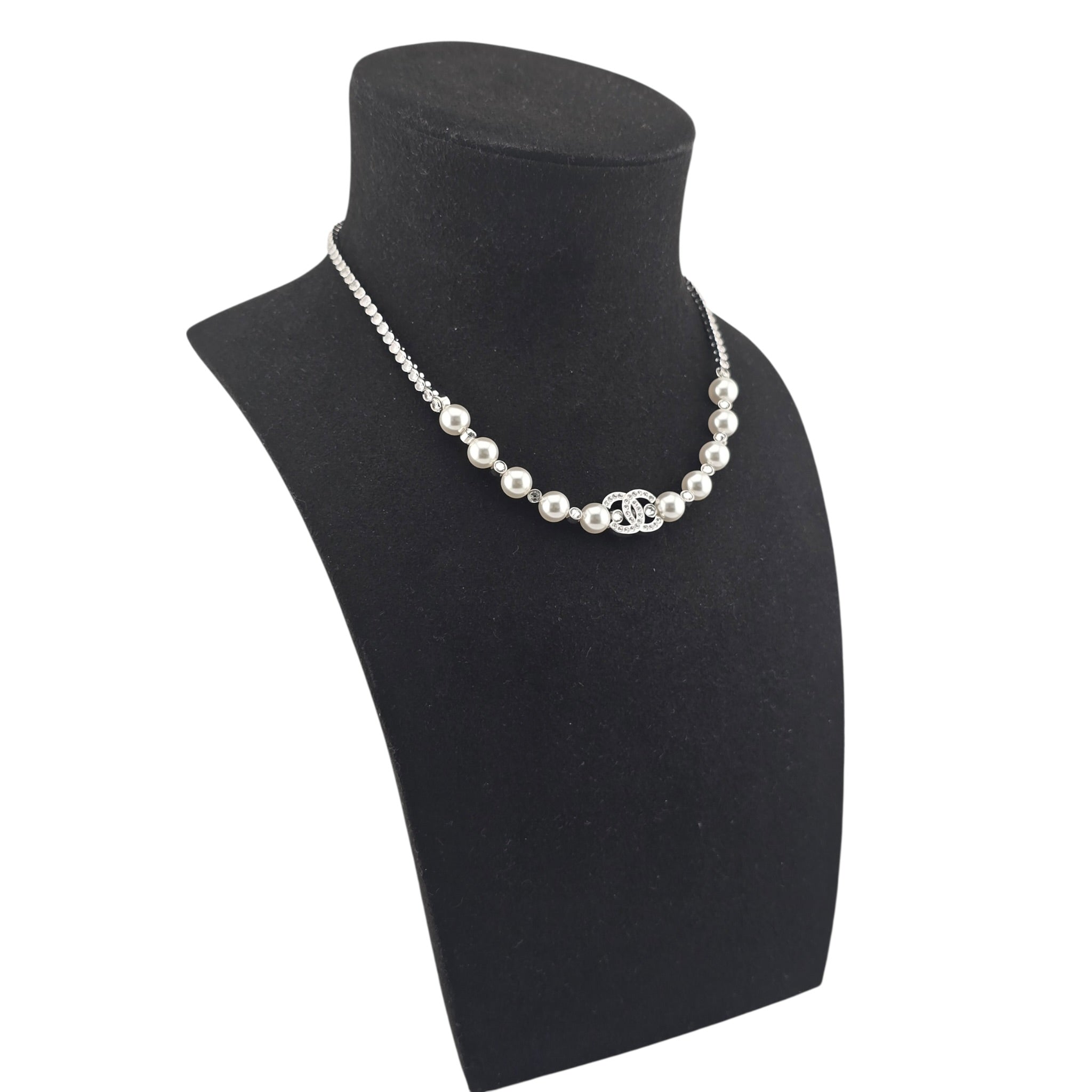 Chanel CC Silver Faux Pearl Crystal Necklace 2025 CHANEL
