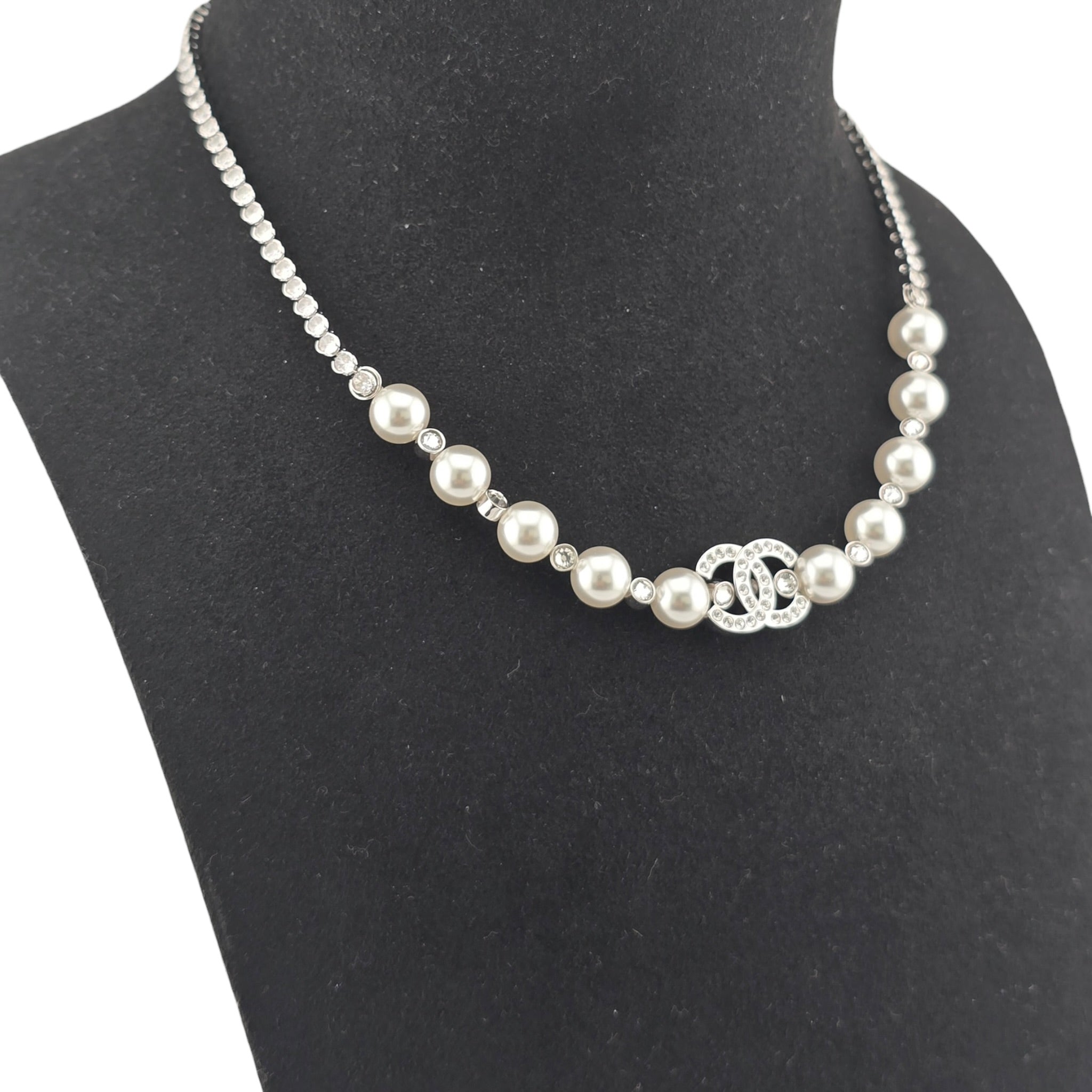 Chanel CC Silver Faux Pearl Crystal Necklace 2025 CHANEL