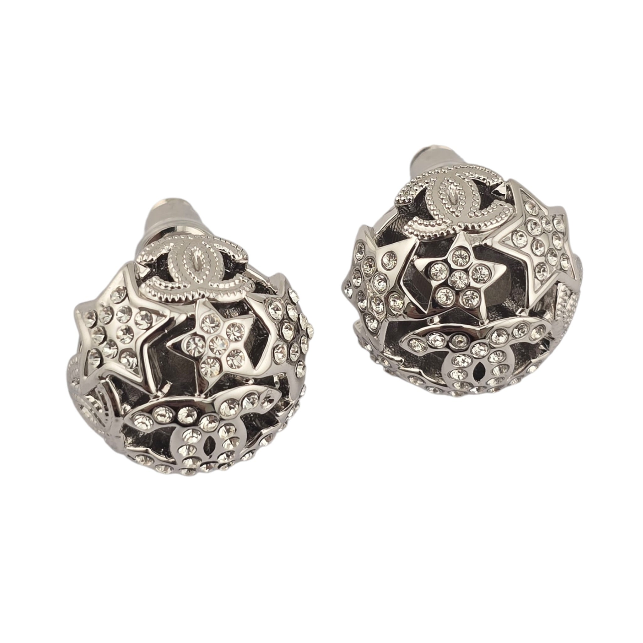 Chanel CC Silver Round Crystal Star Earrings 2025 CHANEL