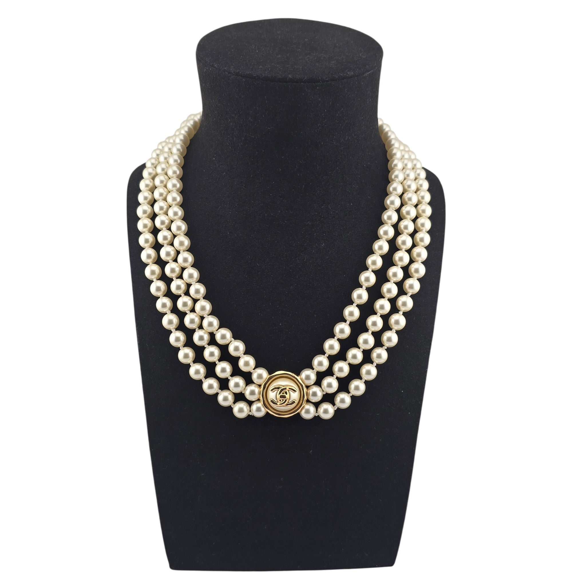 Chanel CC Faux Pearl Gold Pendant Necklace 2024 CHANEL