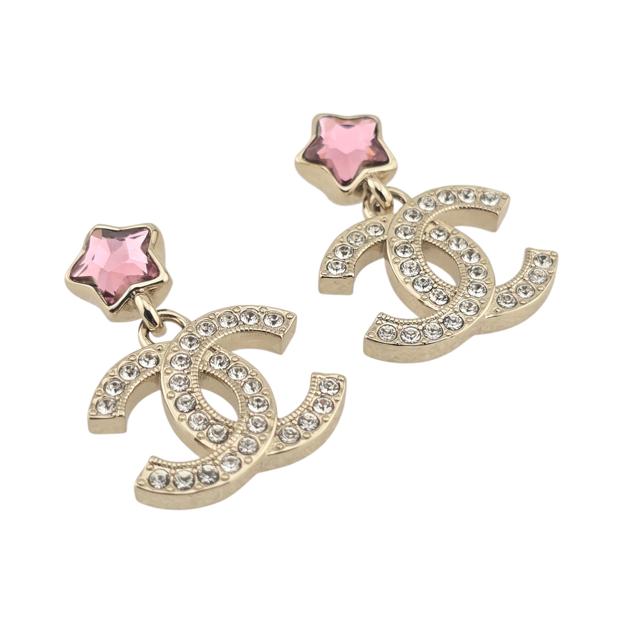 Chanel CC Metal Crystal Star Drop Earrings Gold Pink CHANEL