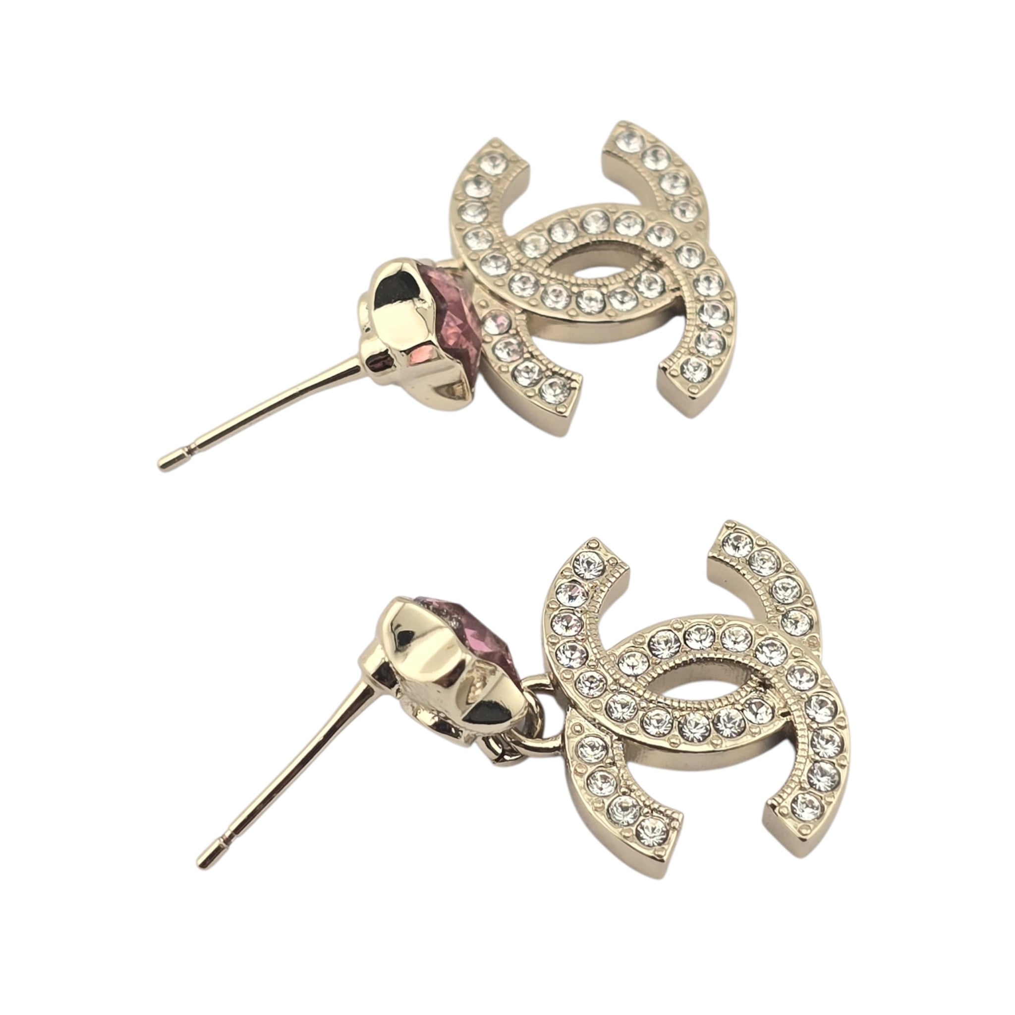Chanel CC Metal Crystal Star Drop Earrings Gold Pink CHANEL
