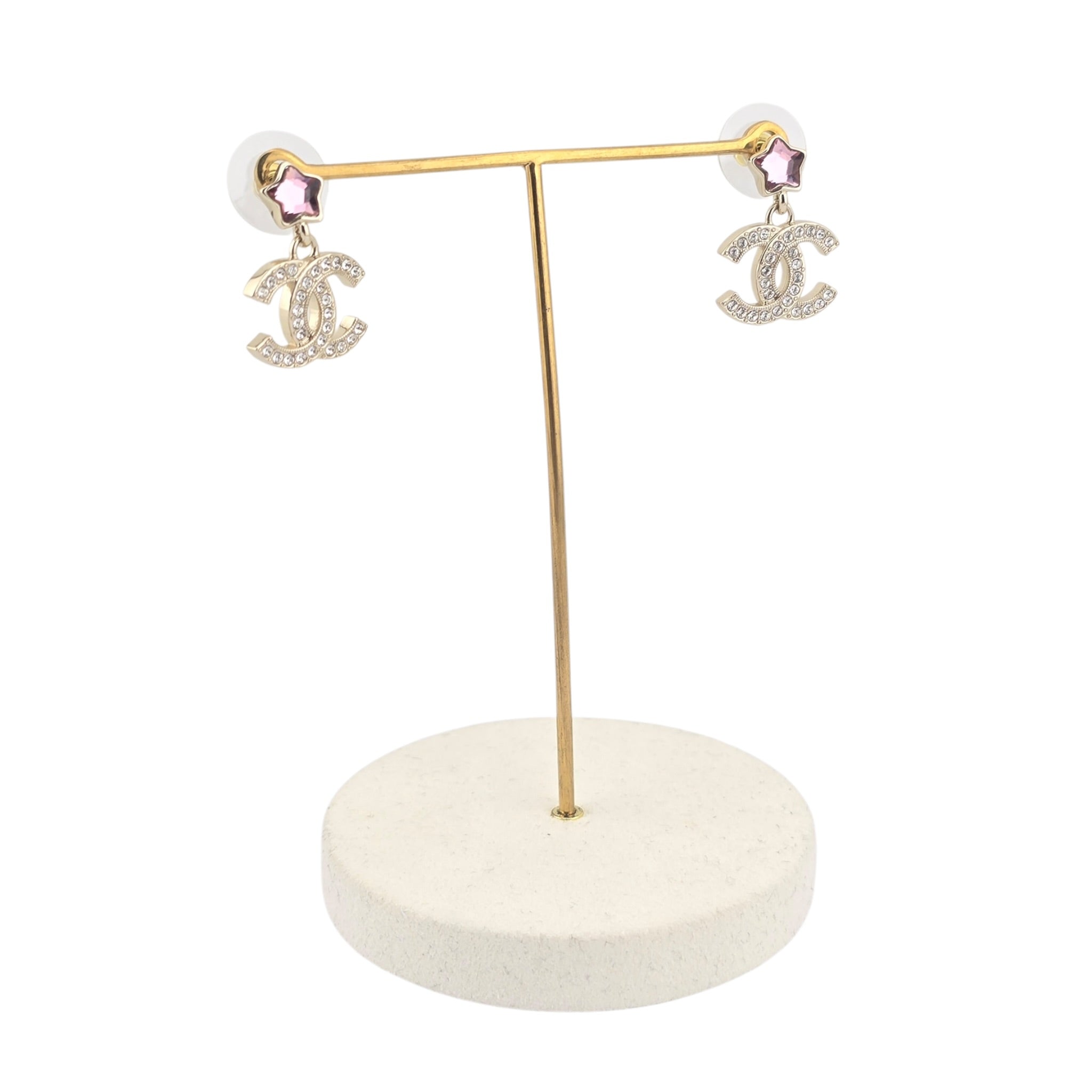 Chanel CC Metal Crystal Star Drop Earrings Gold Pink CHANEL