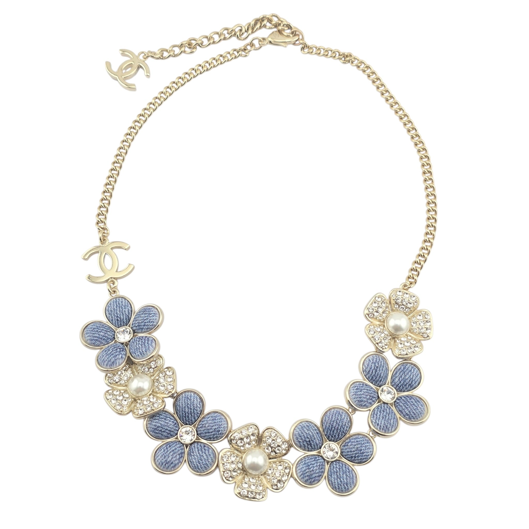 Chanel CC Blue Gold Flower Crystal Resin Denim Necklace 2026 CHANEL