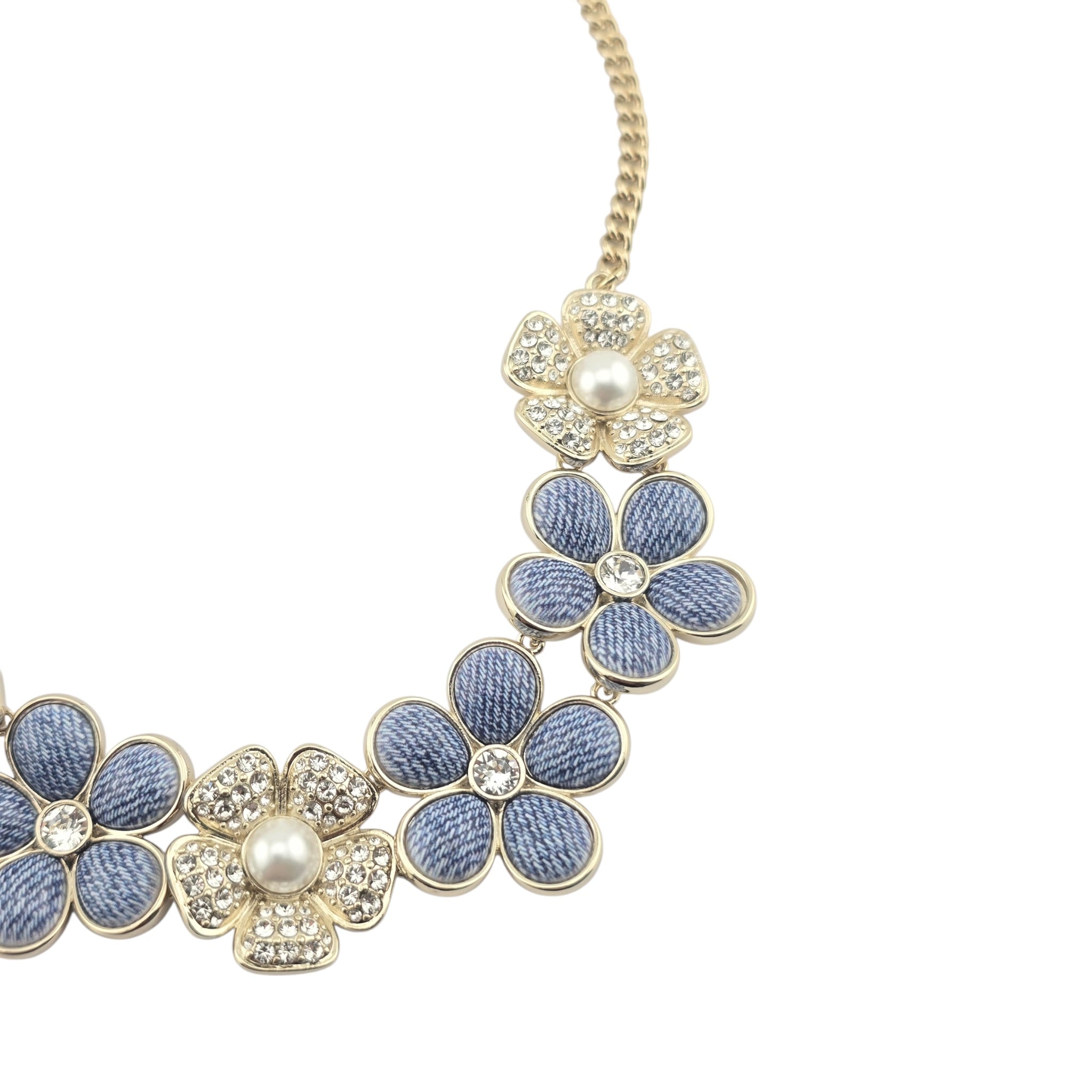 Chanel CC Blue Gold Flower Crystal Resin Denim Necklace 2026 CHANEL