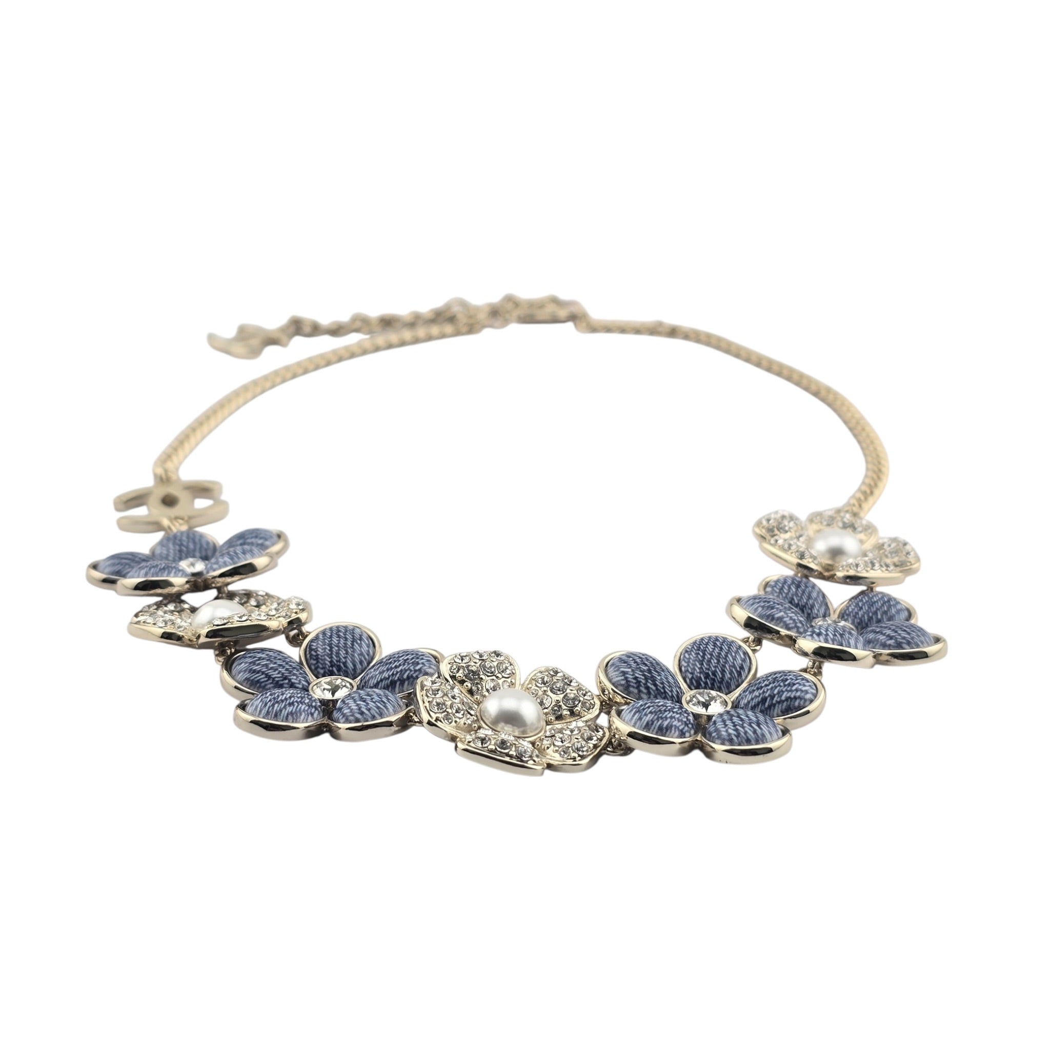 Chanel CC Blue Gold Flower Crystal Resin Denim Necklace 2026 CHANEL
