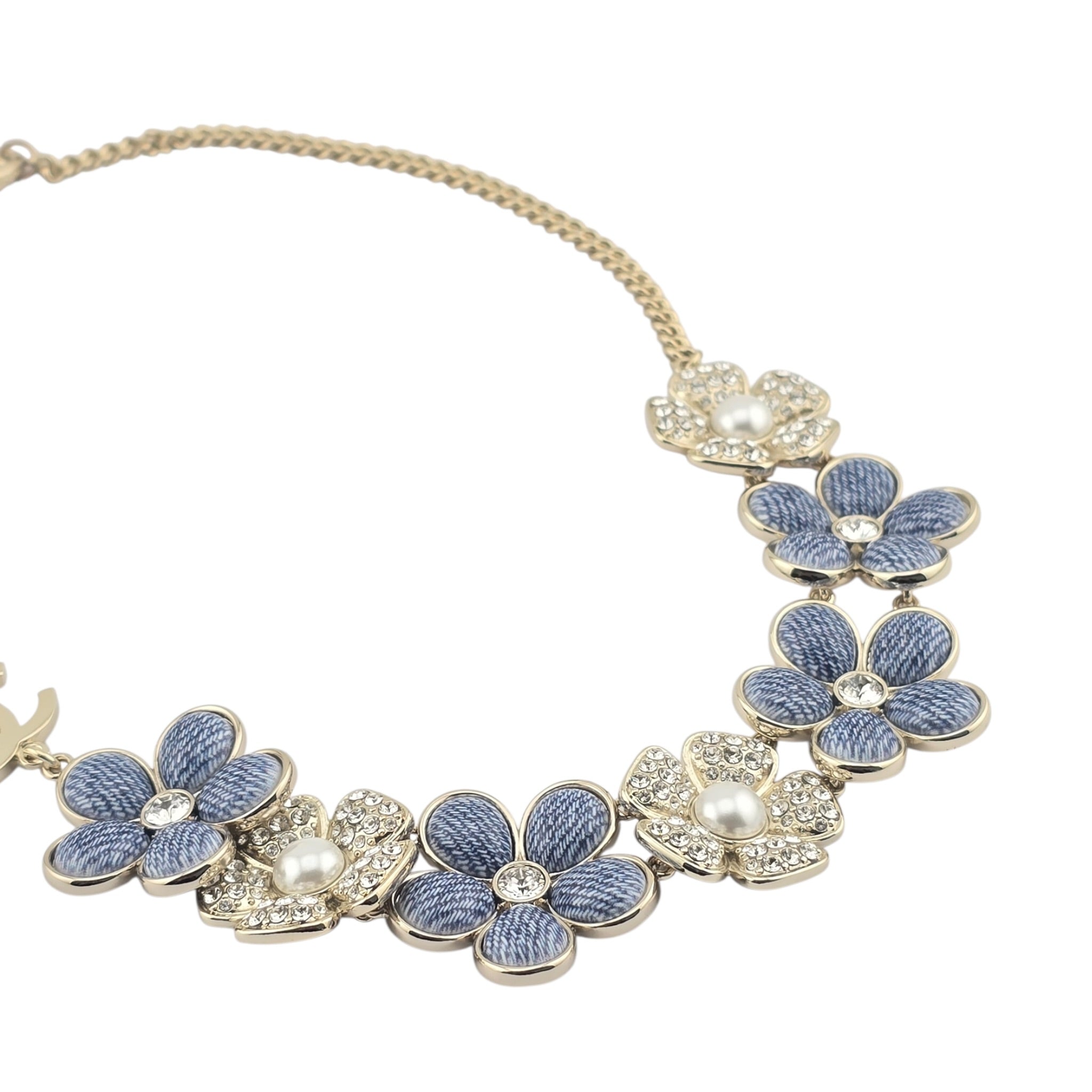 Chanel CC Blue Gold Flower Crystal Resin Denim Necklace 2026 CHANEL