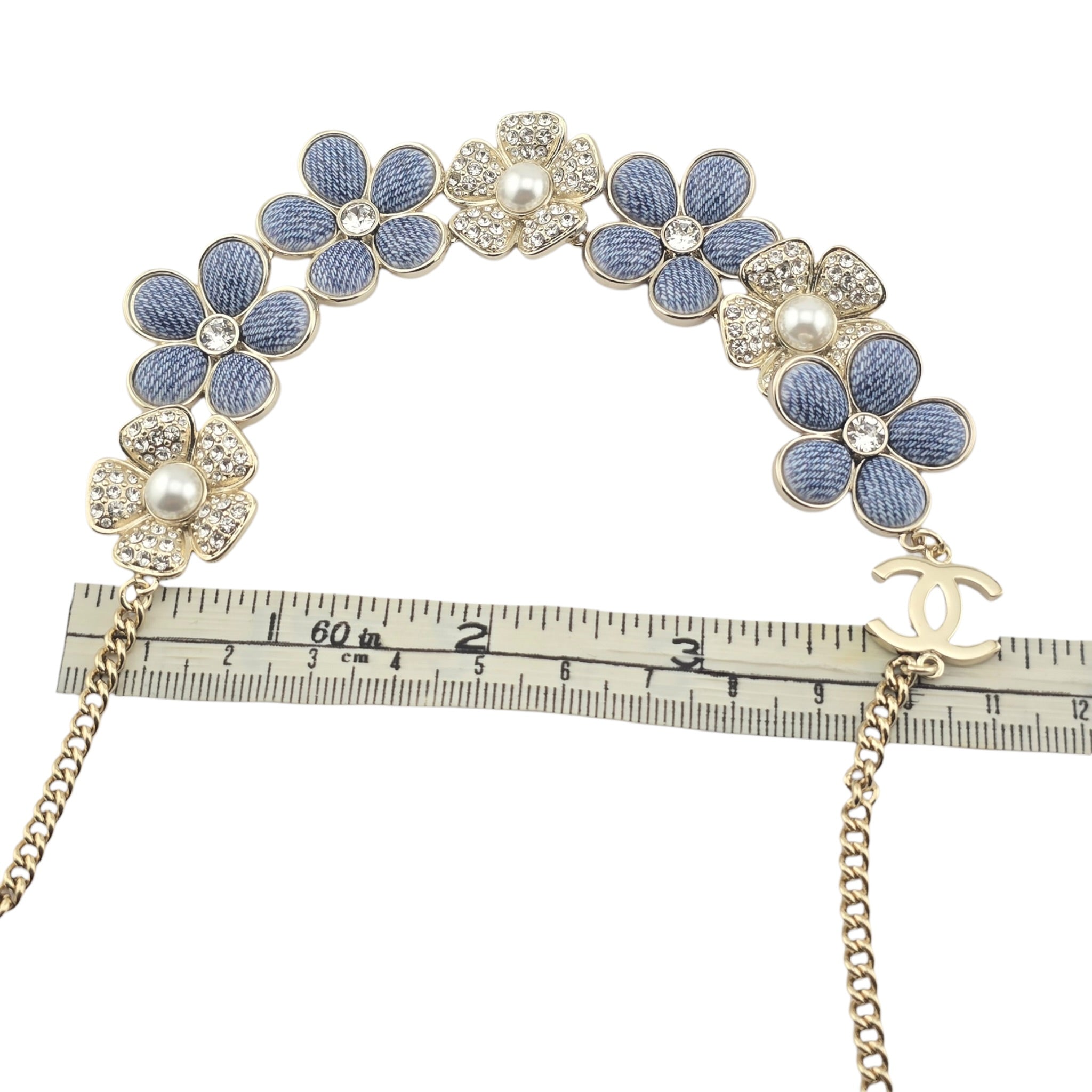 Chanel CC Blue Gold Flower Crystal Resin Denim Necklace 2026 CHANEL