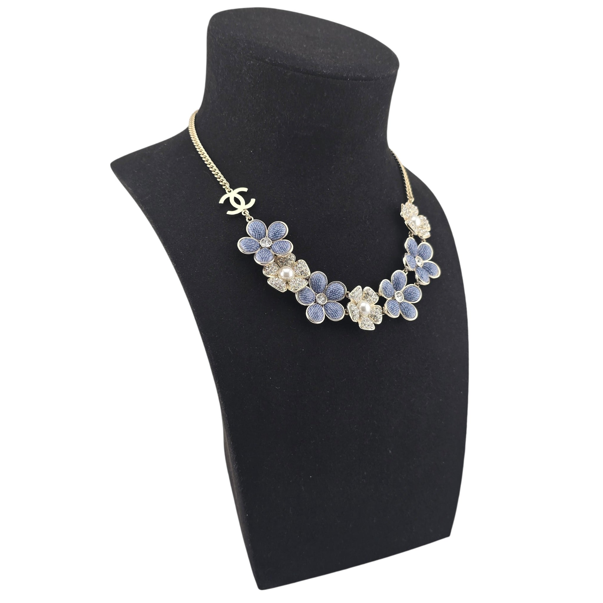 Chanel CC Blue Gold Flower Crystal Resin Denim Necklace 2026 CHANEL