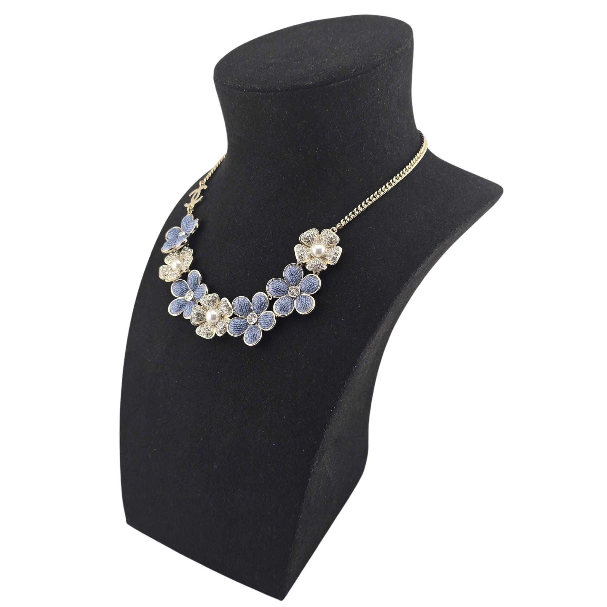 Chanel CC Blue Gold Flower Crystal Resin Denim Necklace 2026 CHANEL