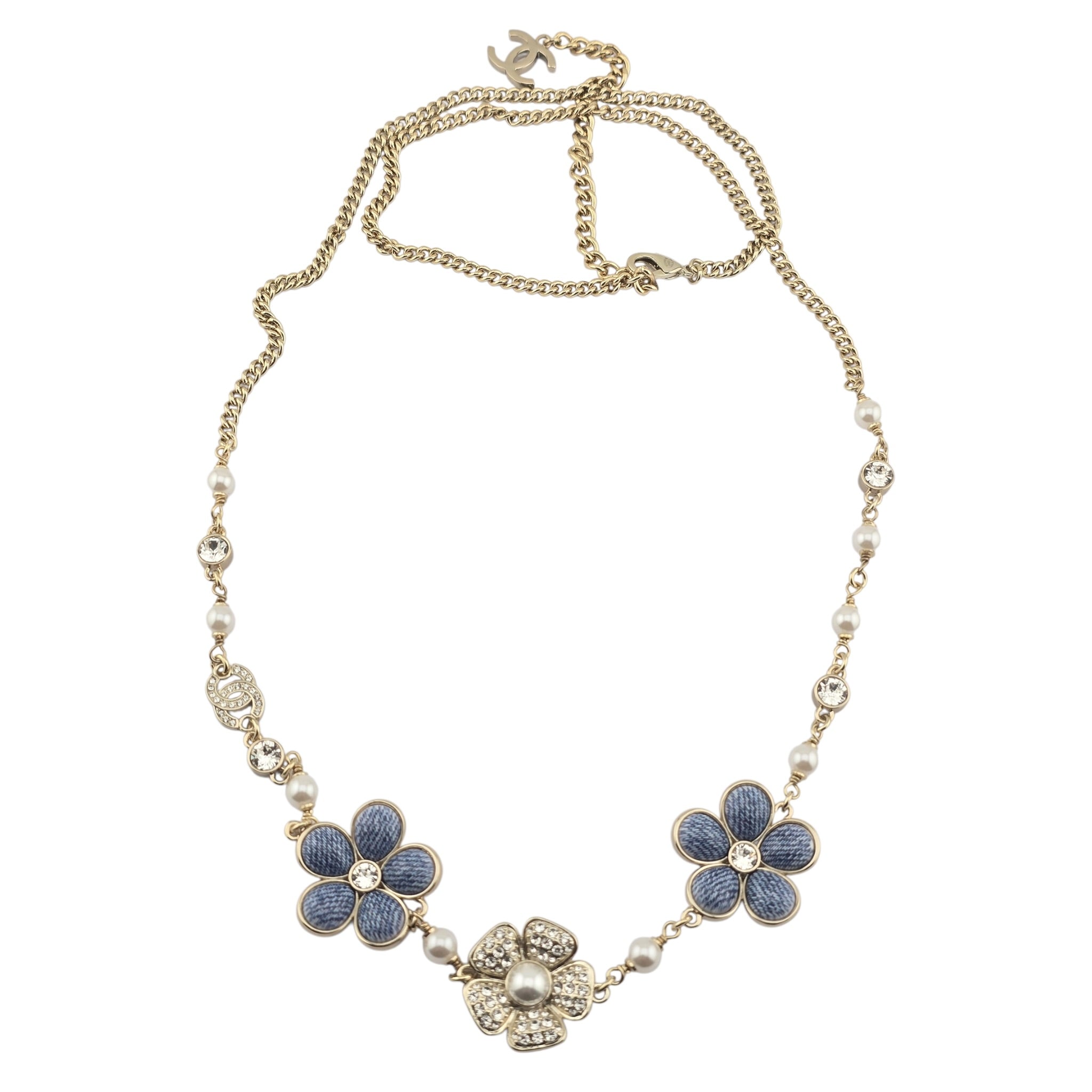 Chanel CC Gold Blue Flower Resin Denim Necklace 2026 CHANEL