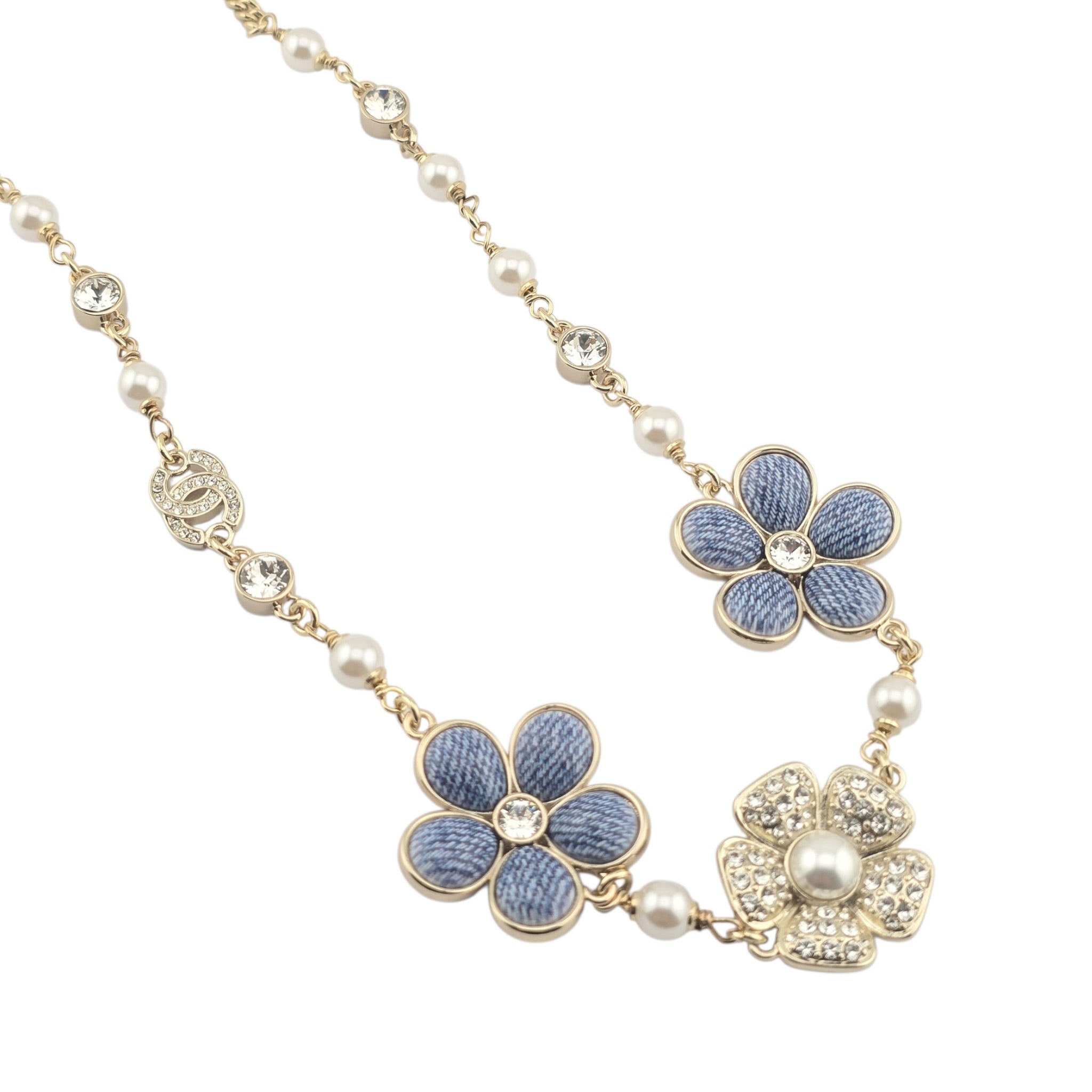 Chanel CC Gold Blue Flower Resin Denim Necklace 2026 CHANEL