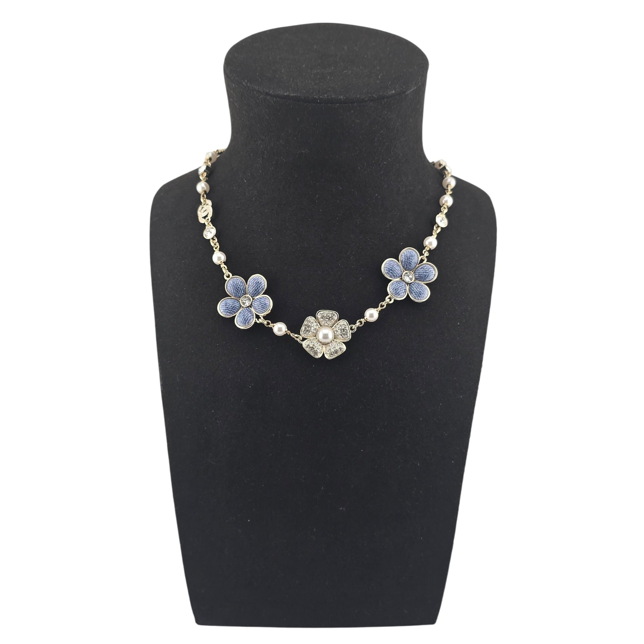 Chanel CC Gold Blue Flower Resin Denim Necklace 2026 CHANEL
