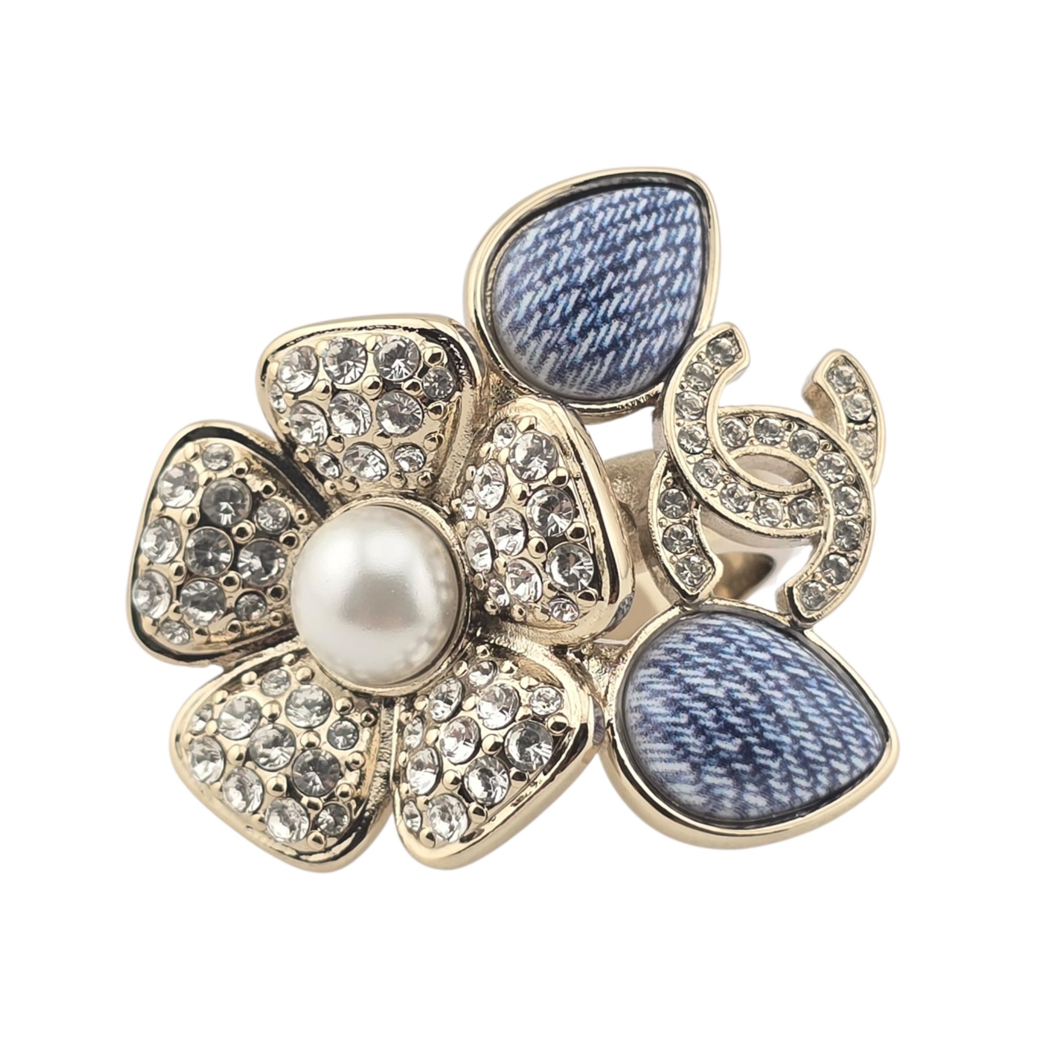 Chanel CC Blue Gold Flower Resin Denim Ring 2026 CHANEL