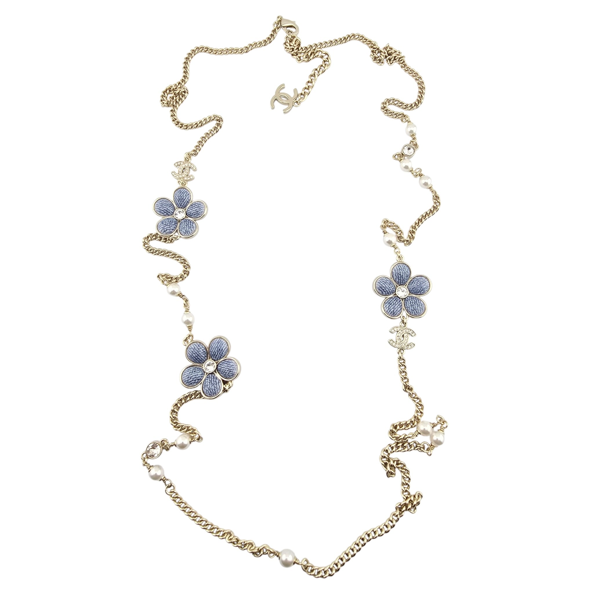 Chanel CC Blue Gold Flower Resin Denim Long Necklace 2026 CHANEL